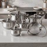 Batería de Cocina 12 Piezas, Juego de Ollas, Cazo y Sartén de Acero Inoxidable, Tapas Incluidas, Apto para Lavavajillas, Apto para Cocina Eléctrica, Gas, Vitrocerámica e Inducción