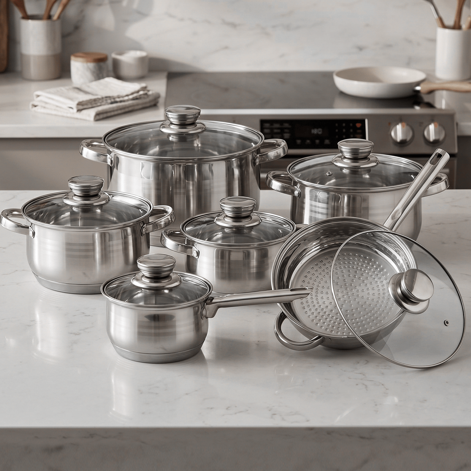 Batería de Cocina 12 Piezas, Juego de Ollas, Cazo y Sartén de Acero Inoxidable, Tapas Incluidas, Apto para Lavavajillas, Apto para Cocina Eléctrica, Gas, Vitrocerámica e Inducción
