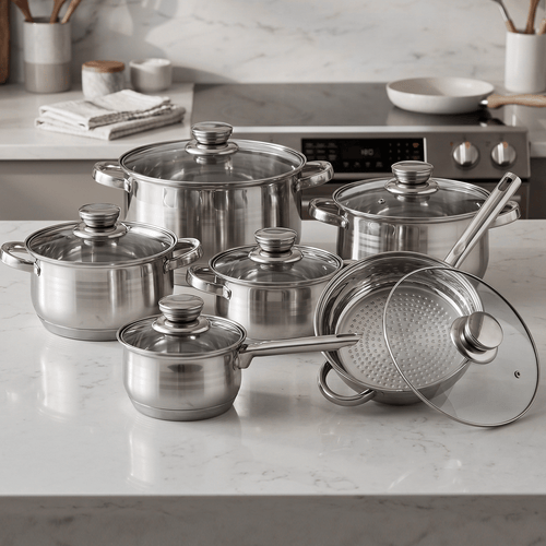 Batería de Cocina 12 Piezas, Juego de Ollas, Cazo y Sartén de Acero Inoxidable, Tapas Incluidas, Apto para Lavavajillas, Apto para Cocina Eléctrica, Gas, Vitrocerámica e Inducción