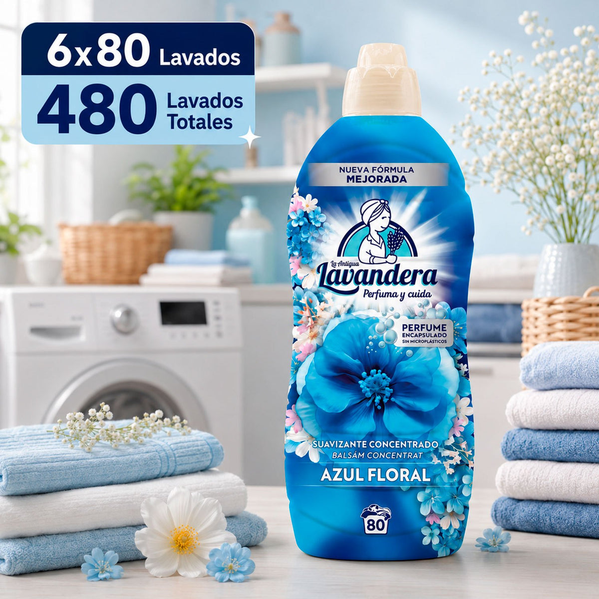 La Antigua Lavandera Suavizante para Ropa, Aroma Azul Floral, Pack de 6 Botellas de 1.76 L Cada Una, 10.56 L en Total, 480 Lavados