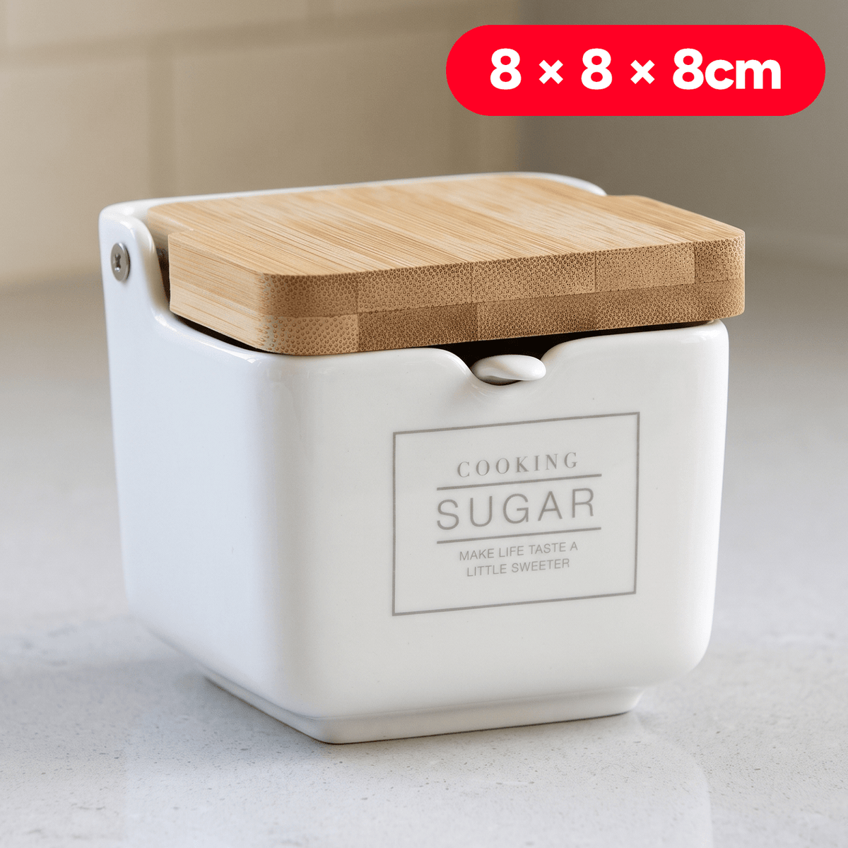 Azucarero Cocina con Tapa, Hecho de Cerámica y Madera, Recipiente para Especias y Aliños, Blanco con Diseño, 8 x 8 x 8 cm