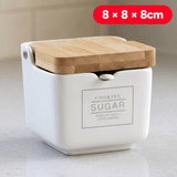 Azucarero Cocina con Tapa, Hecho de Cerámica y Madera, Recipiente para Especias y Aliños, Blanco con Diseño, 8 x 8 x 8 cm