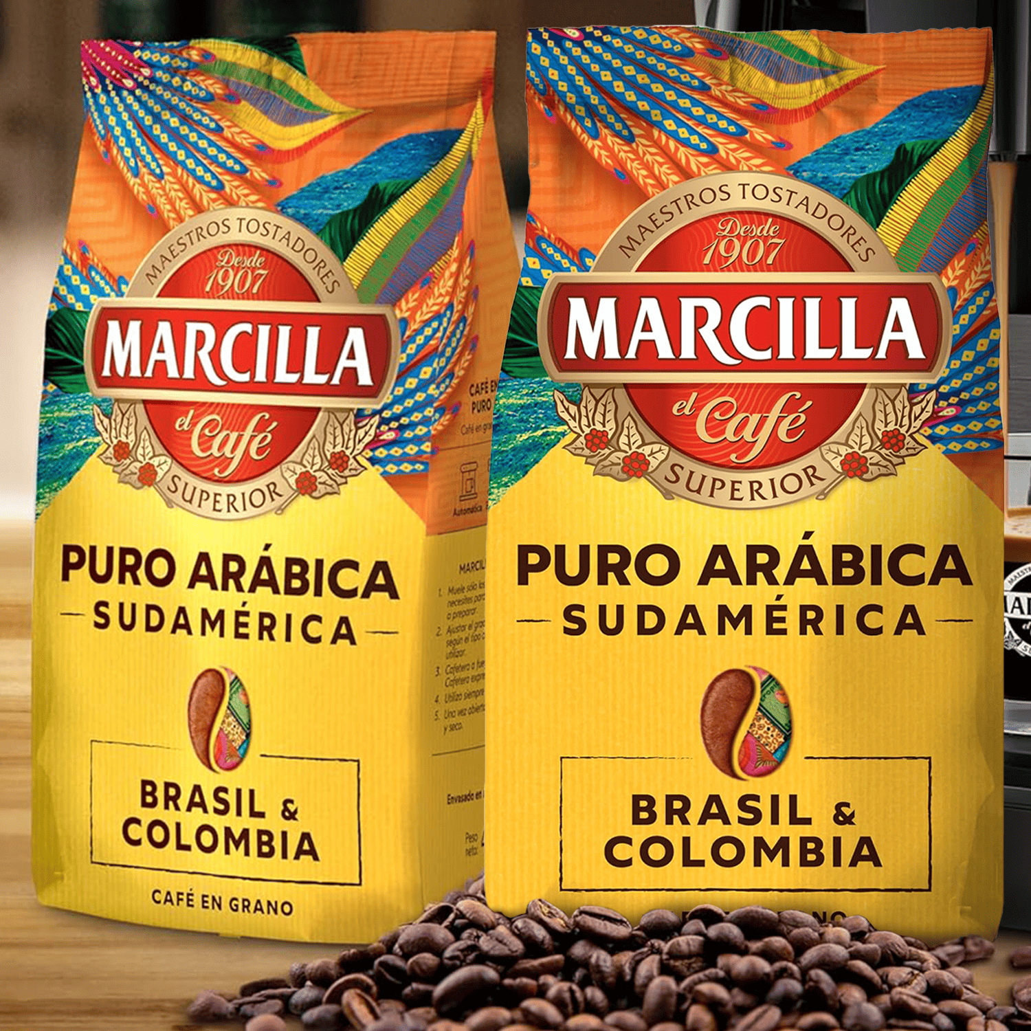 Marcilla Café Grano Puro Arábica Sudamérica Brasil & Colombia, Intensidad y Tostado Medio, Gran Aroma, Dulce, Vibrante y con Notas a Caramelo, Café en Grano Listo para ser Molido, 400g x 2 (800g)