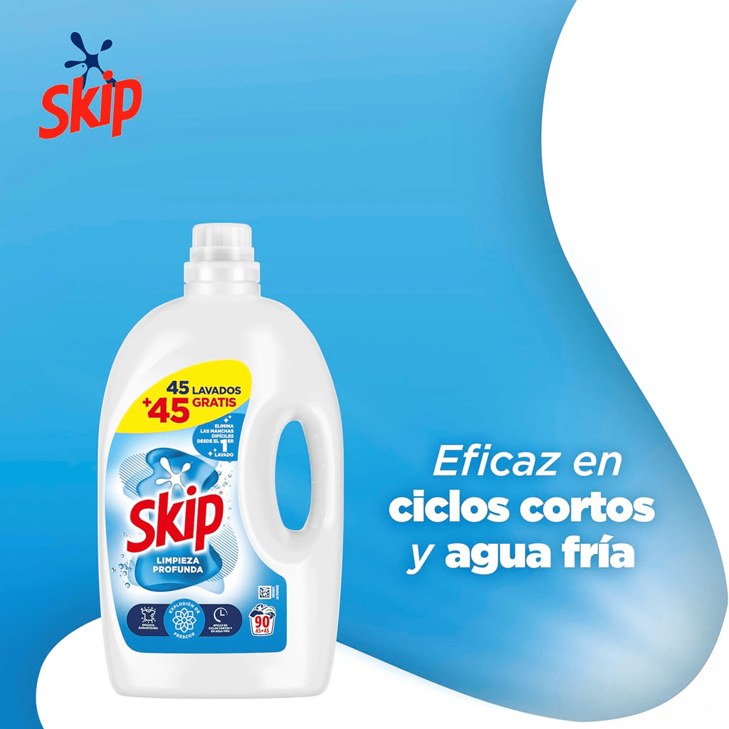 Skip Ultimate Limpieza Profunda 180 Lavados, Detergente Líquido, Elimina Manchas Difíciles Desde el 1er Lavado, Eficaz en Ciclos Cortos y Agua Fría, 4.05 Litros, 90 Lavados por Botella