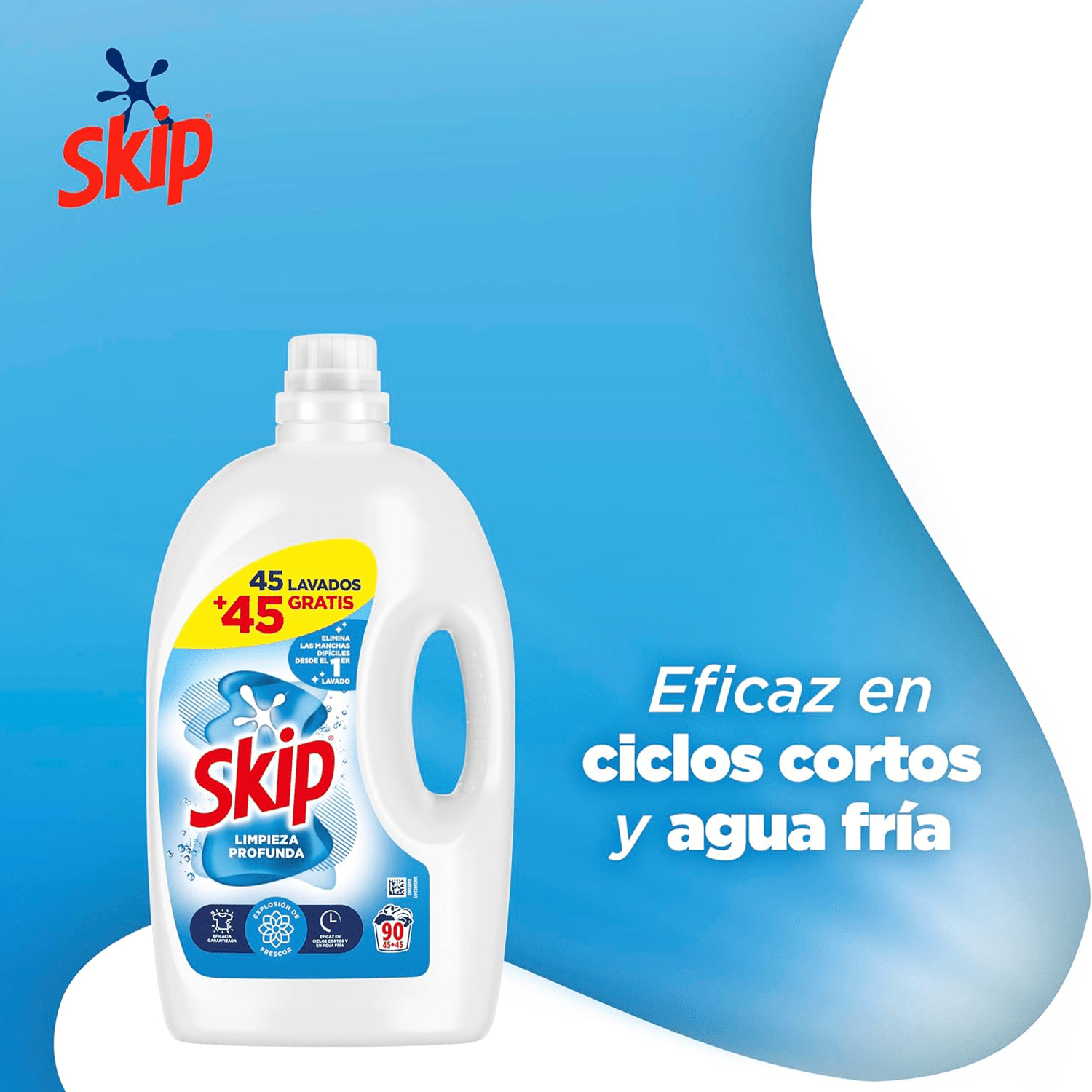 Skip Ultimate Limpieza Profunda 180 Lavados, Detergente Líquido, Elimina Manchas Difíciles Desde el 1er Lavado, Eficaz en Ciclos Cortos y Agua Fría, 4.05 Litros, 90 Lavados por Botella