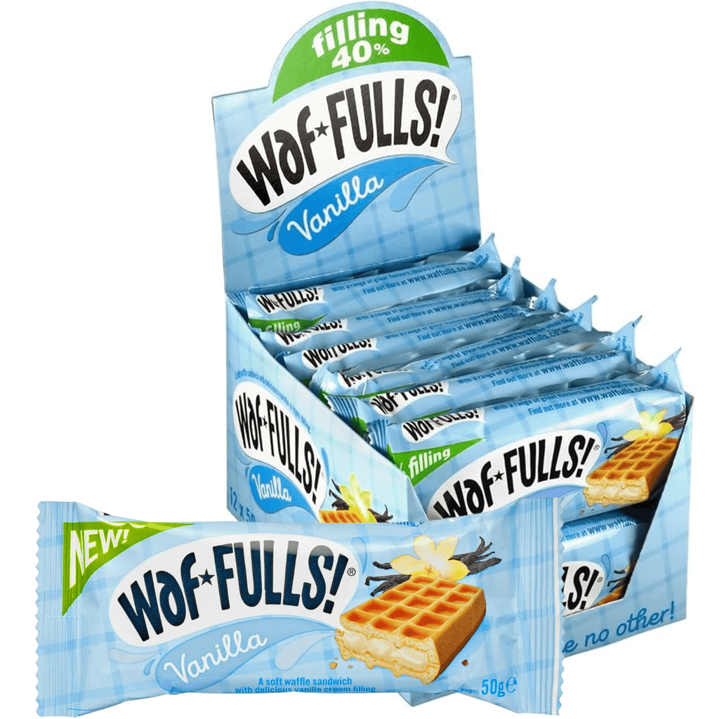WafFULLS! Gofres de Vainilla, 12 Gofres para Picoteo, Desayuno y Merienda, Barritas Esponjosas Rellenas de Crema de Vainilla, Gofres Envueltos Individualmente Listo para Comer, Caja con 12 Gofres