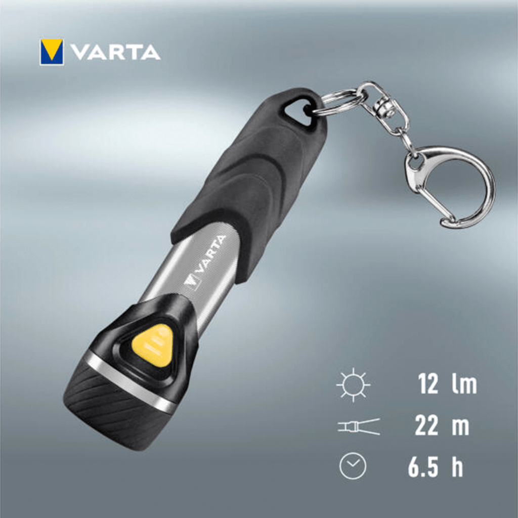 Linterna con Pilas, Luz LED, 12 Lumens, 6.5h de Duración, 22m de Alcance, Carcasa Resistente a Golpes, Llavero Incluido, Funciona con 1 Pila AAA (incluida), 9.4cm de Longitud - VARTA