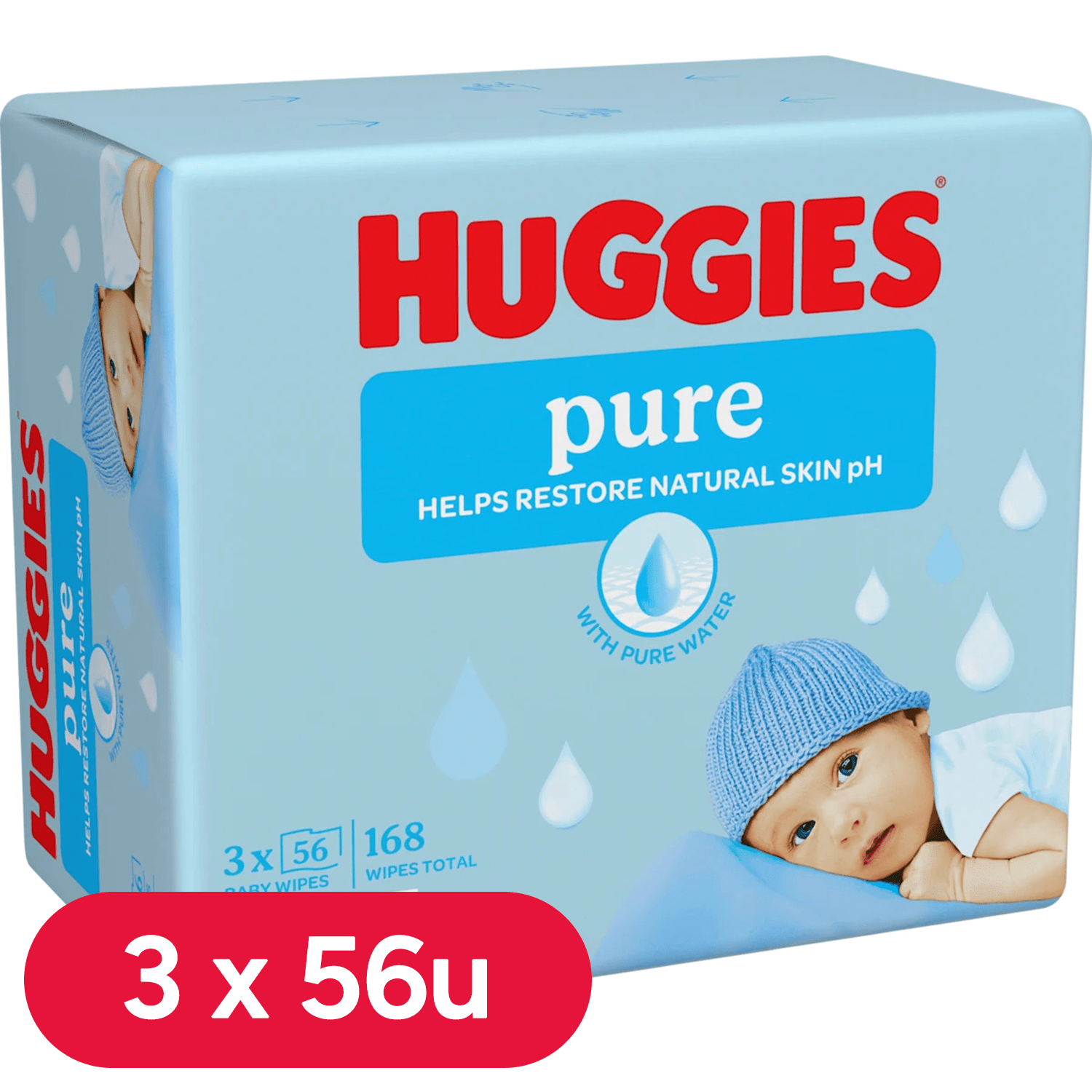 Huggies Pure Toallitas Bebé, Toallitas Húmedas, 99% Agua Pura, Textura Única, Algodonosa y Suave con la Piel, Limpieza Delicada de la Piel