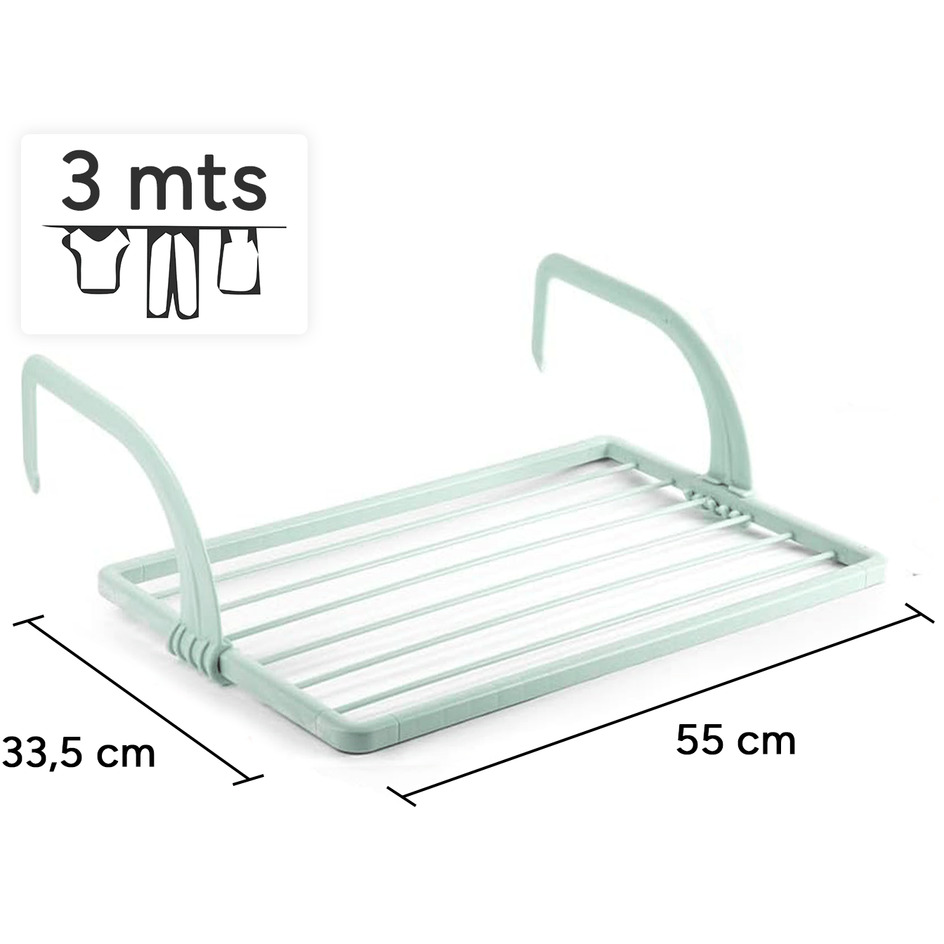 Tendedero Balcón con Superficie de Tendido de 3m, para Balcones y Radiadores, Resistente la Intemperie, 55 x 33,5cm