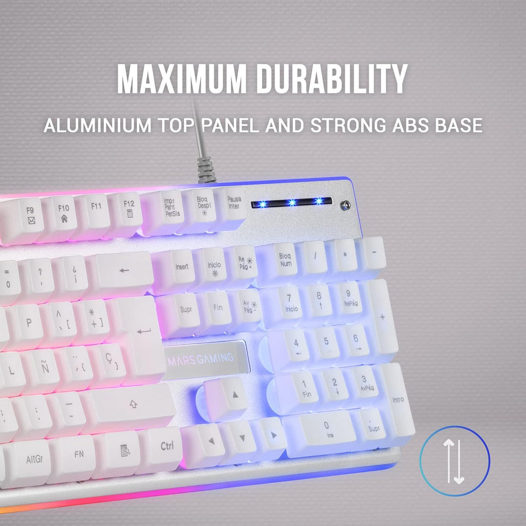 Mars Gaming MK220, Teclado Gaming Híbrido H-Mech, Iluminación FRGB Rainbow + Halo, Panel de Aluminio, Anti-Ghosting, USB Plug & Play, PC PS5 Xbox Switch, Idioma Francés, Blanco