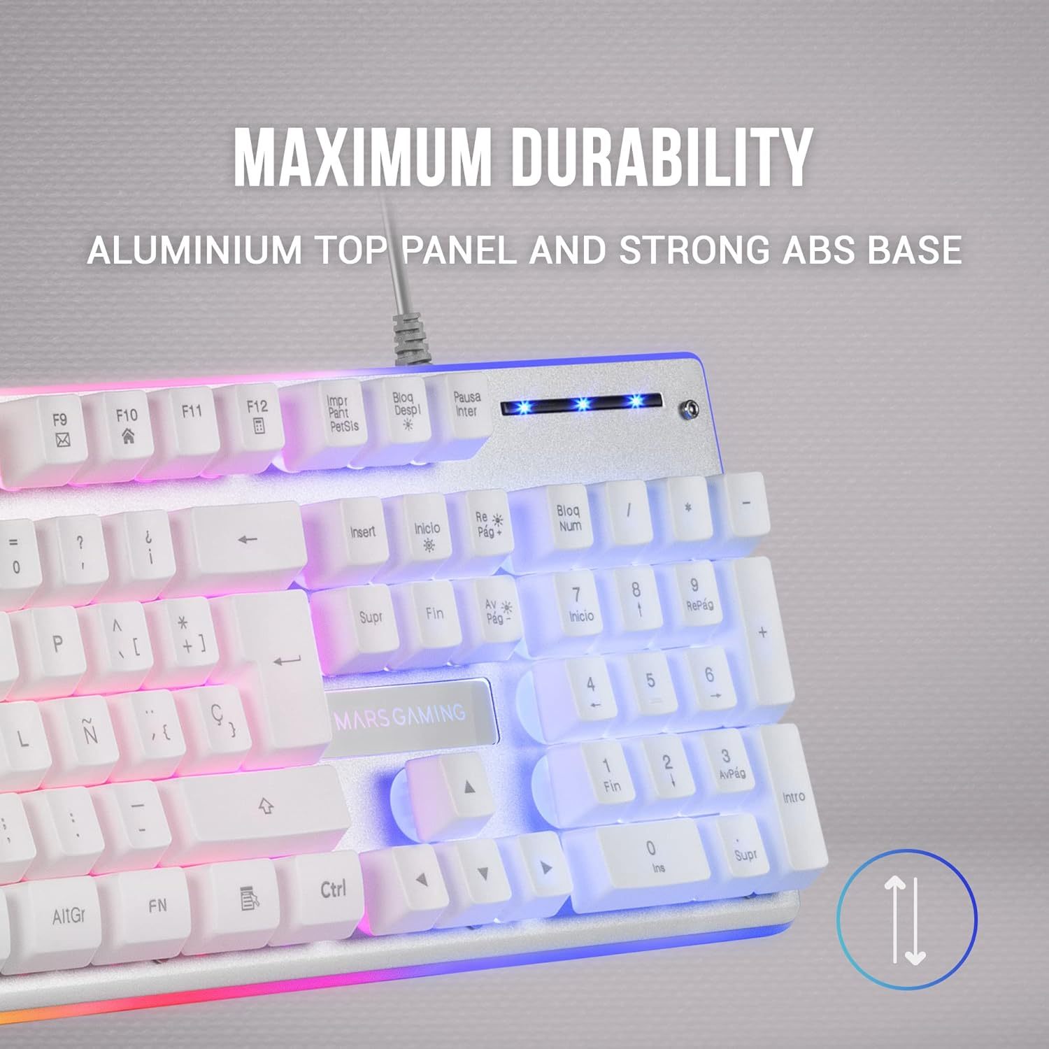 Mars Gaming MK220, Teclado Gaming Híbrido H-Mech, Iluminación FRGB Rainbow + Halo, Panel de Aluminio, Anti-Ghosting, USB Plug & Play, PC PS5 Xbox Switch, Idioma Francés, Blanco