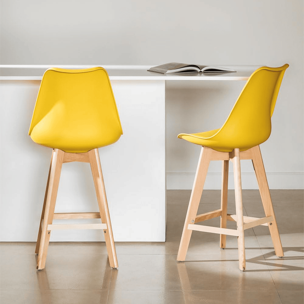 Taburete Alto Cocina con Respaldo, Asiento Blando y Tapizado, Patas Altas Resistentes de Madera de Haya con Reposapiés, Sillas Nórdicas, Ideal para Cocina, Salón, Comedor y Restaurante, 54.5 x 49.5 x 106 cm