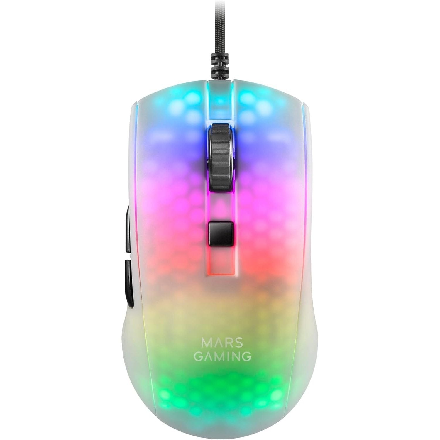 Mars Gaming MMR, Ratón Gaming RGB Chroma, Estructura Translúcida Ultra-Ligera 58 g, 12800 dpi, Switches Mecánicos HUANO, Blanco