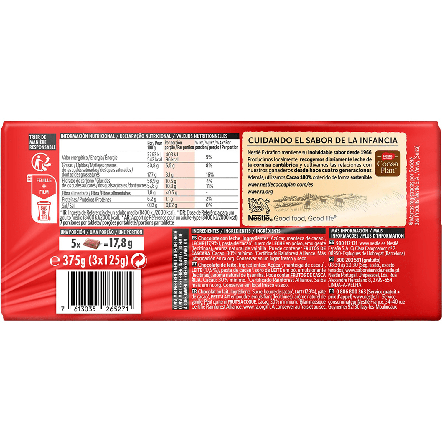Nestlé Extrafino 3 Tabletas de Chocolate con Leche, Sin Gluten, Pack Ahorro de 3 Tabletas de 125g