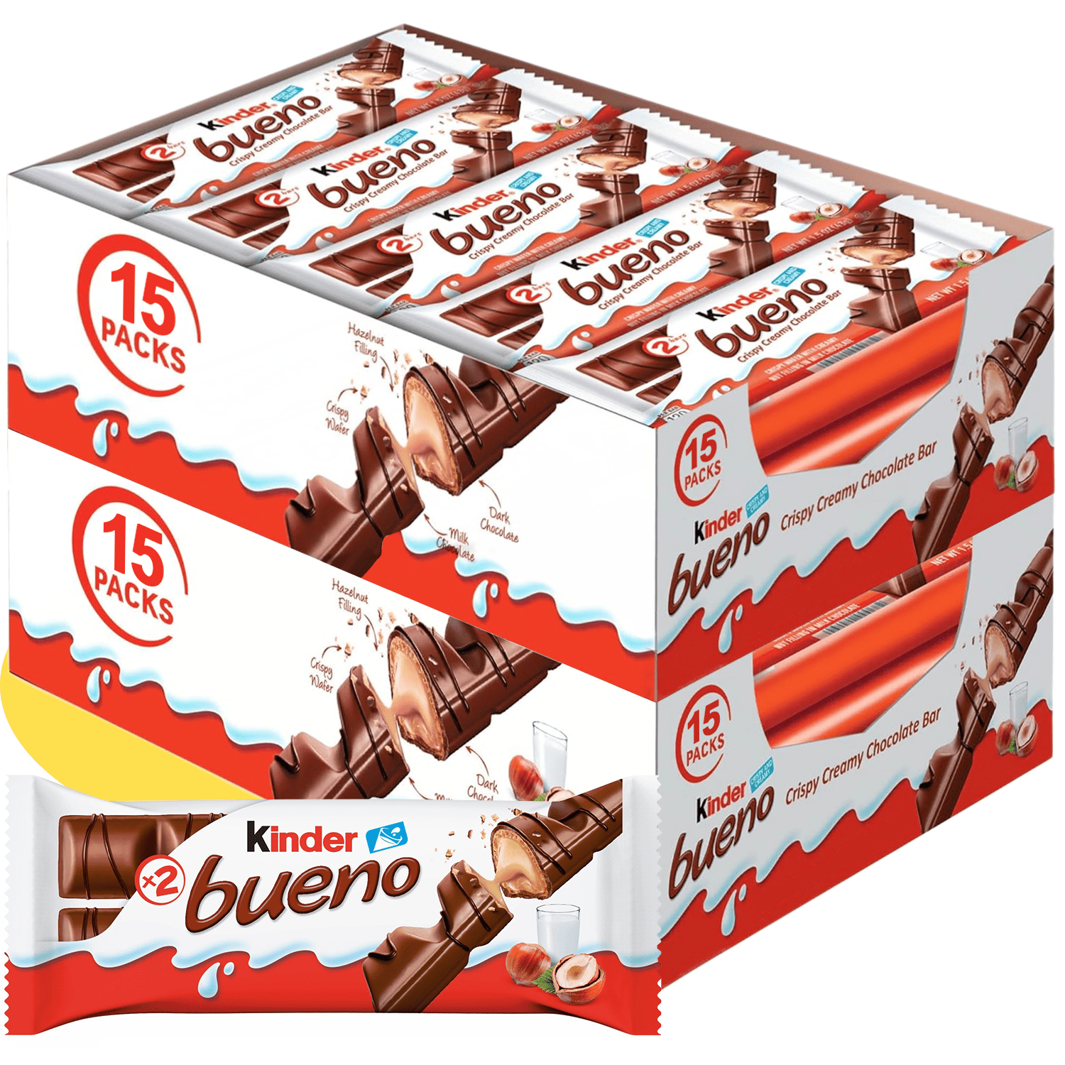Kinder Bueno, Barritas de Chocolate y Crema de Avellanas, 15/30 Paquetes de 43g