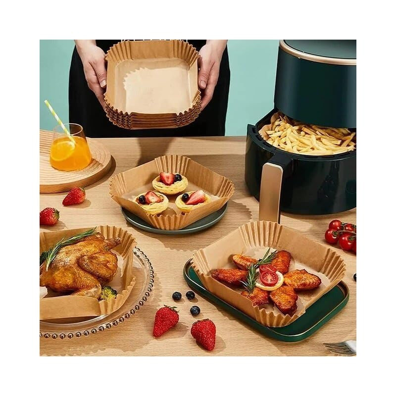 x50 Papel Freidora Aire, Papel Antiadherente, Resistente e Impermeable, Ideal para Freidoras sin Aceite, Papel Air Fryer Cuadrado, 20 cm