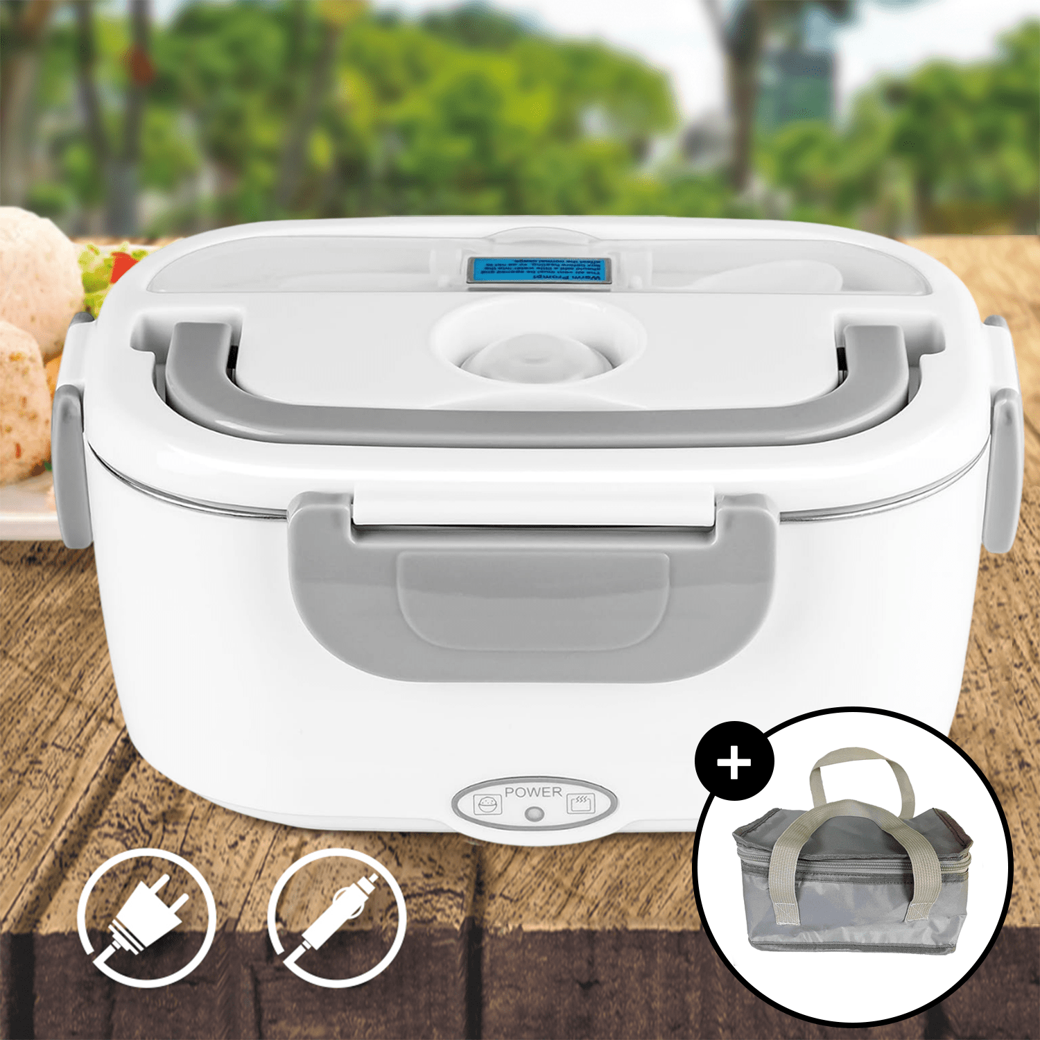 Caja Termica Portatil con 2 Compartimentos Extraibles y Bolsa Térmica, Lonchera Electrica con Asa de Transporte, 1L de Capacidad, Calienta en Pocos Minutos, Enchufe para Casa y Coche Incluido, Espacio para Cubiertos con Cuchara Incluida, Fácil Limpieza