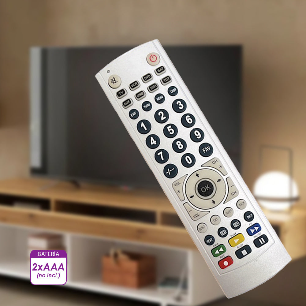 Mando TV Universal, Control Remoto Compatible con Todos los Modelos de Televisión, Mando a Distancia TV 8 en 1: TV/RTV, SAT, DVD, VCR, COMBI, AUX, HIFI/CD y TNT/TDT