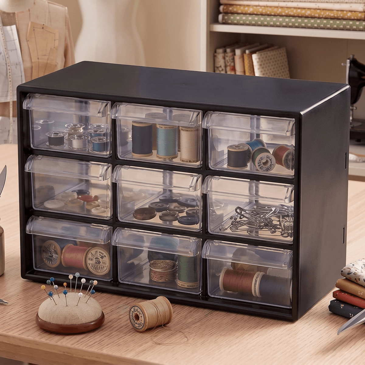 Organizador Multiusos Cajones, Caja de Almacenamiento de Plástico Duradero y Ligero, Perfecto para Todo Tipo de Escritorios, Ideal para Organizar, 9 Compartimientos, Negro