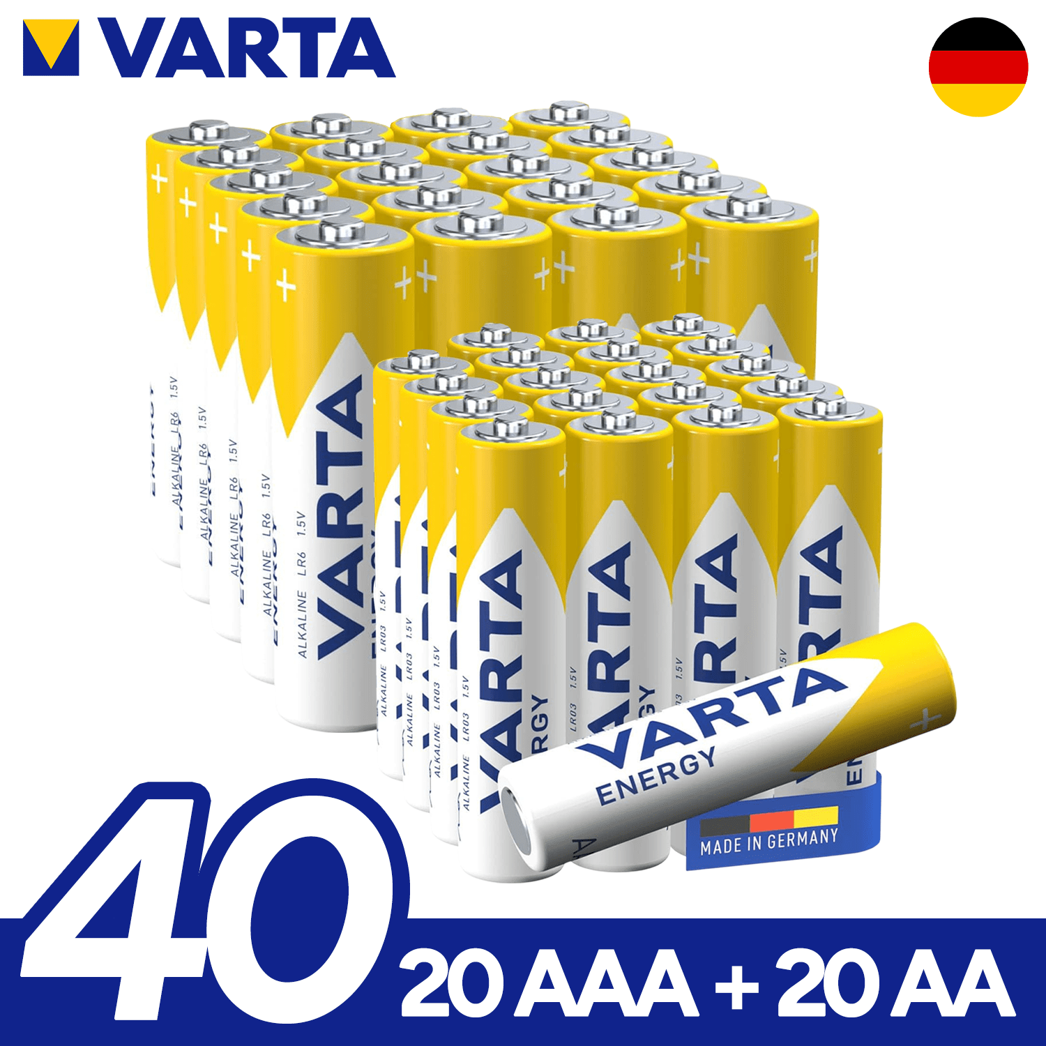 VARTA Pilas AA y AAA Alcalinas de Alto Rendimiento, 20 Pilas AA + 20 Pilas AAA, VARTA Energy, Larga Duración, Energía Continua, Ideal para Controles Remotos, Juguetes Electrónicos, Linternas, Lámparas, Relojes, Cámaras y Otros Dispositivos de Uso Diario