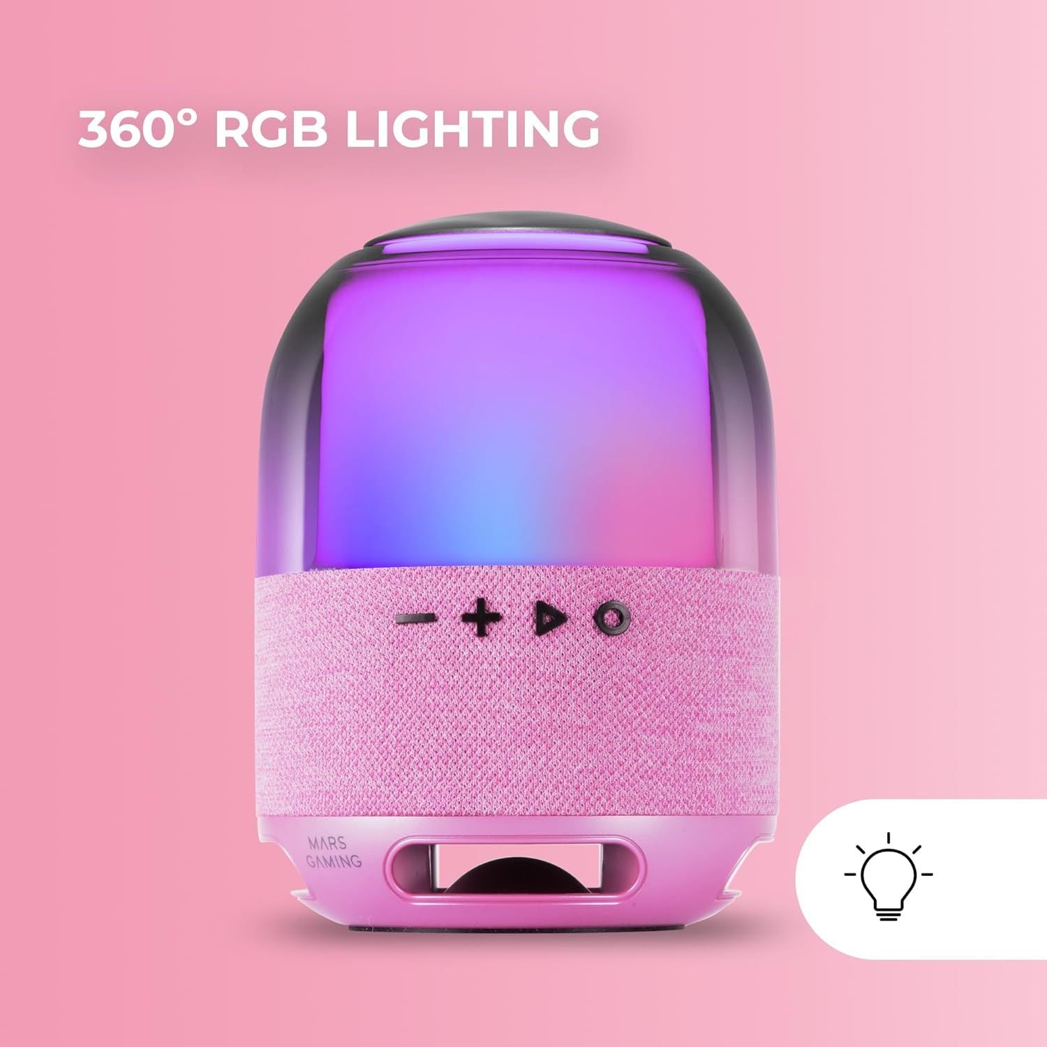 Mars Gaming MS-Flow, Altavoz Portátil Bluetooth 15W, Iluminación Orbilight RGB 360°, Sonido Potente con Driver DeepBass 57mm, Altavoz Gaming Compacto con Bluetooth 5.3 y MicroSD, Rosa