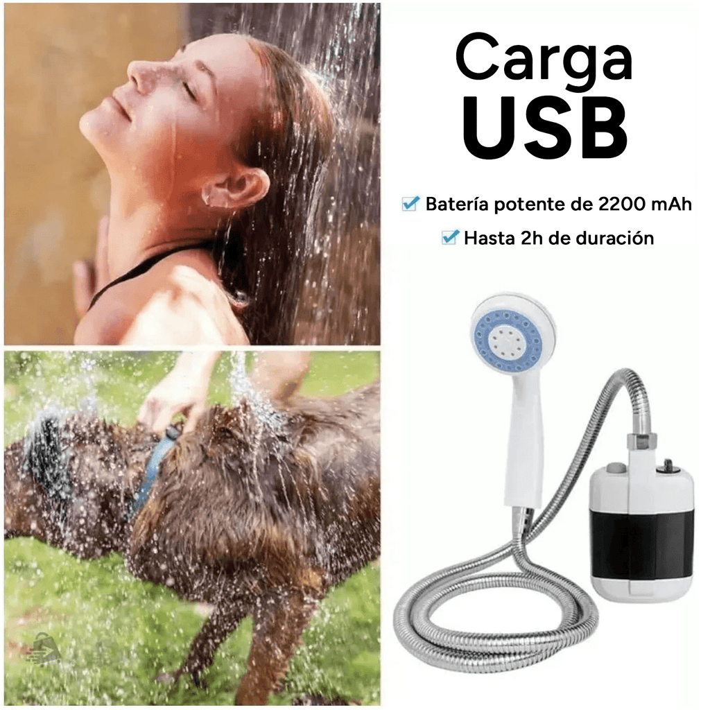 Ducha Portátil Camping Ideal para Viajes, Acampadas, Exteriores y Jardín, 150cm de Manguera, Incluye Cable de Carga USB y Soporte, Ahorra Agua, Potencia de Larga Duración, Compacta, Resistente y Fácil de Transportar, Resistencia al Agua IPX7