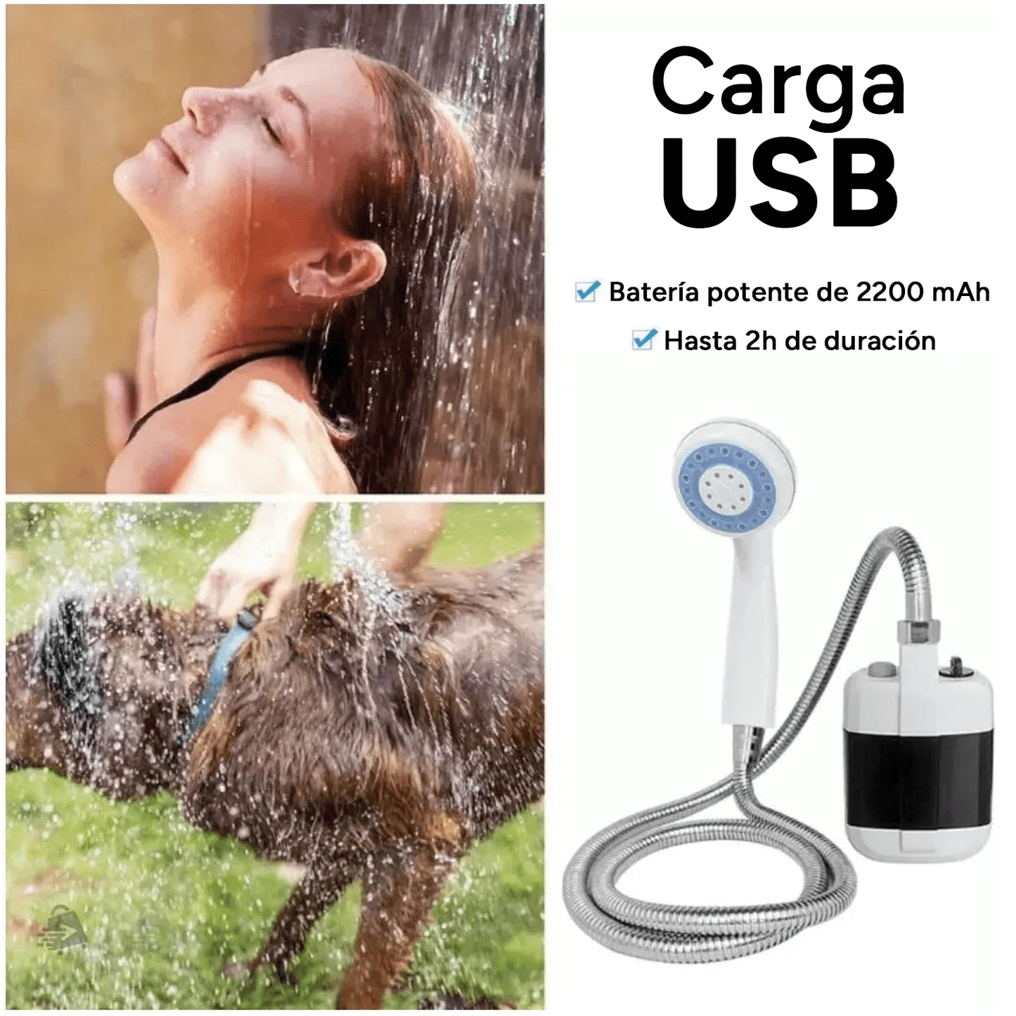Ducha Portátil Camping Ideal para Viajes, Acampadas, Exteriores y Jardín, 150cm de Manguera, Incluye Cable de Carga USB y Soporte, Ahorra Agua, Potencia de Larga Duración, Compacta, Resistente y Fácil de Transportar, Resistencia al Agua IPX7