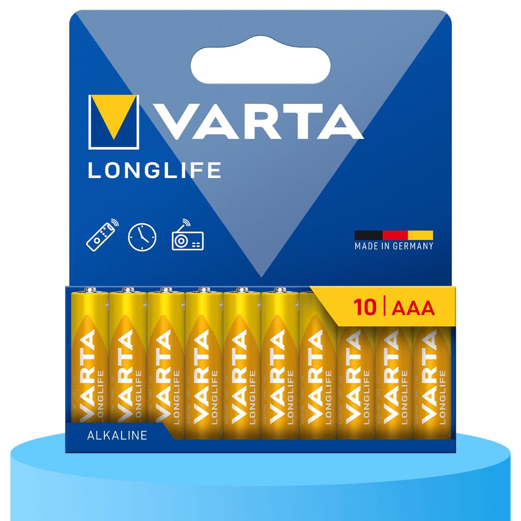 Pilas AAA Alcalinas de Alto Rendimiento, VARTA Longlife, Ultra Larga Duración, Energía Continua, Ideal para Controles Remotos, Juguetes Electrónicos, Linternas, Lámparas, Relojes, Cámaras y Otros Dispositivos de Uso Diario - VARTA