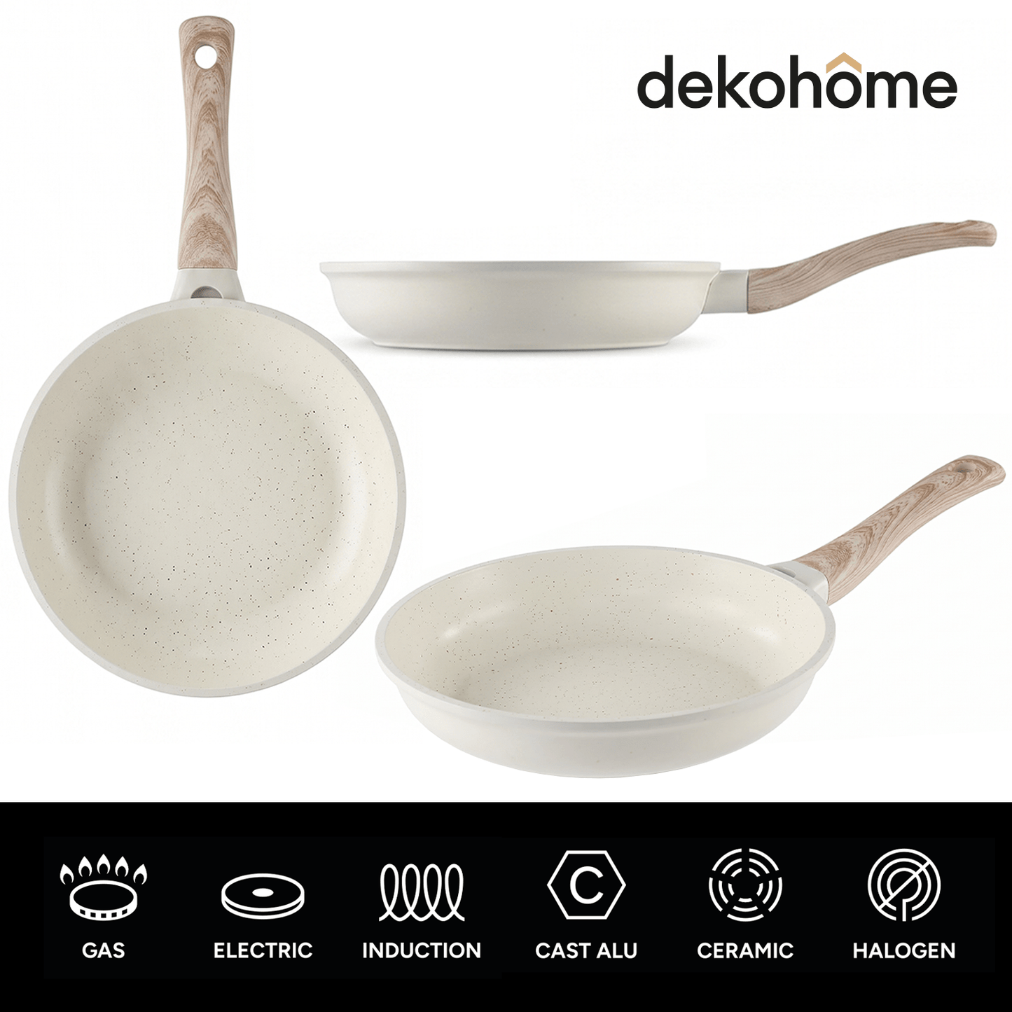 Sartenes Cocina Antiadherente, Sartenes de Aluminio de Alta Resistencia con Revestimiento Antiadherente efecto Mármol Blanco, Base de Inducción y Mangos de Baquelita Estilo Madera, Ø20/Ø24/Ø28cm