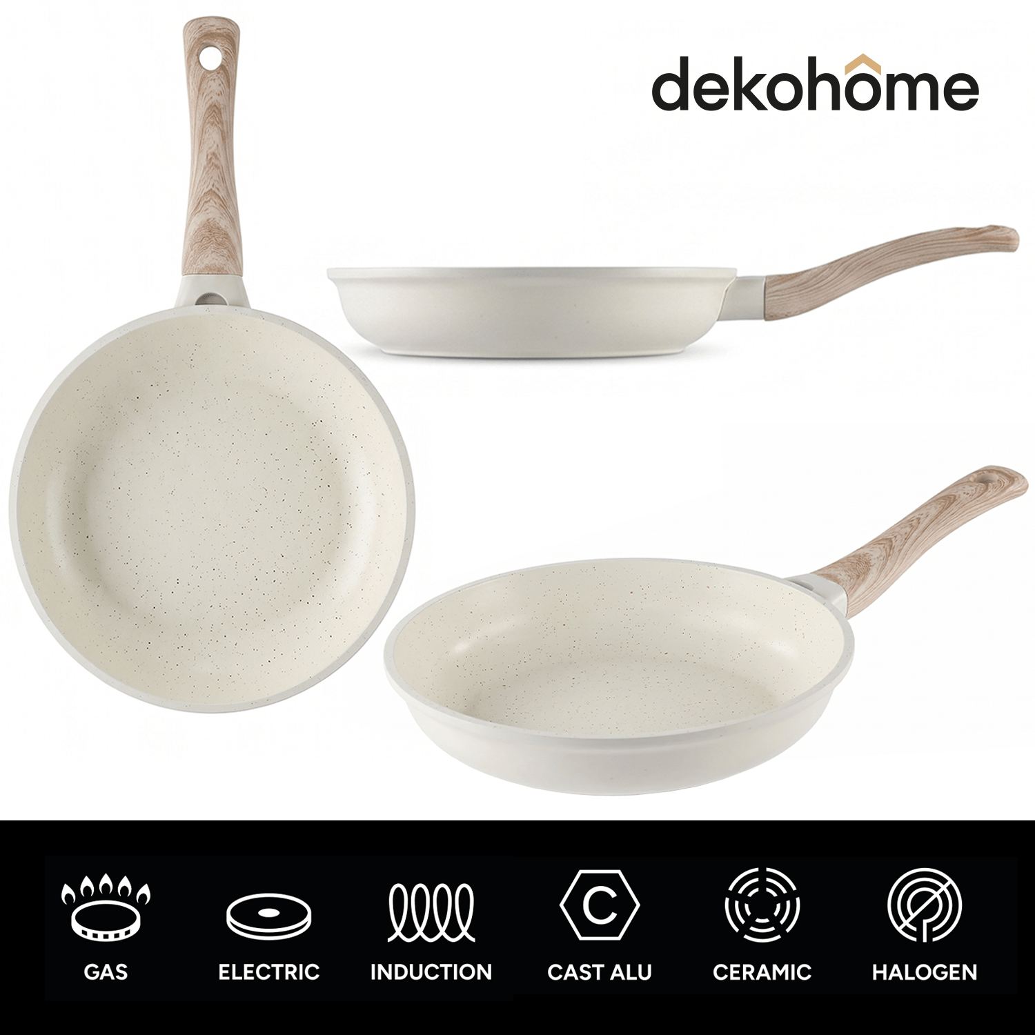 Sartenes Cocina Antiadherente, Sartenes de Aluminio de Alta Resistencia con Revestimiento Antiadherente efecto Mármol Blanco, Base de Inducción y Mangos de Baquelita Estilo Madera, Ø20/Ø24/Ø28cm