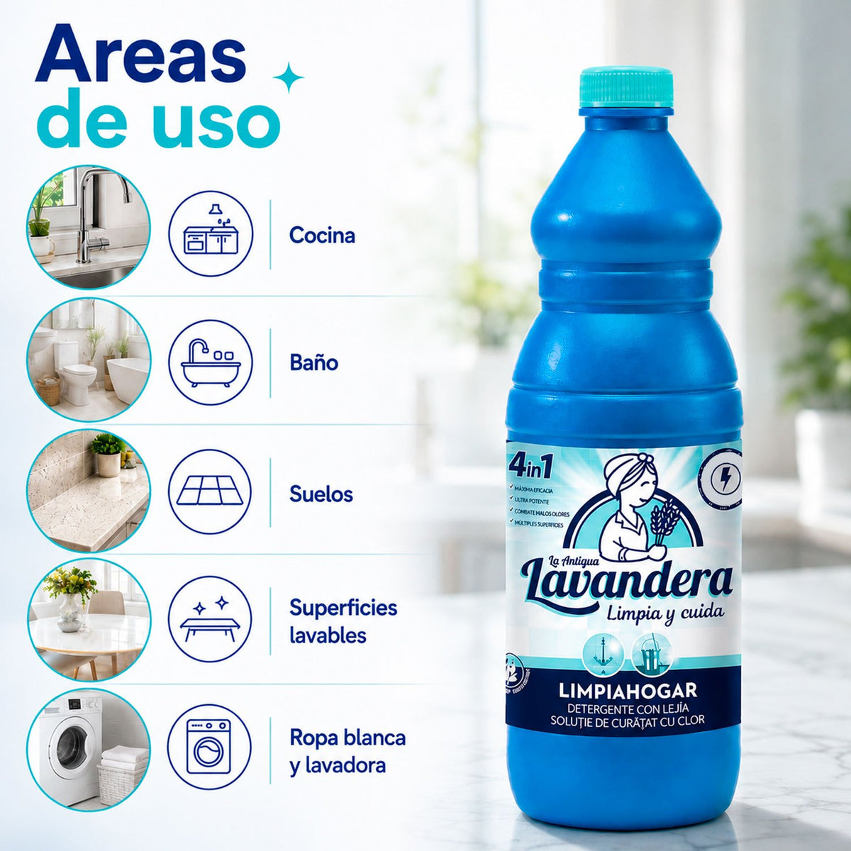 La Antigua Lavandera Lejía con Detergente, Limpiador para Suelos y Superficies del Hogar, Limpieza Potente y Multiusos, 1.5 L