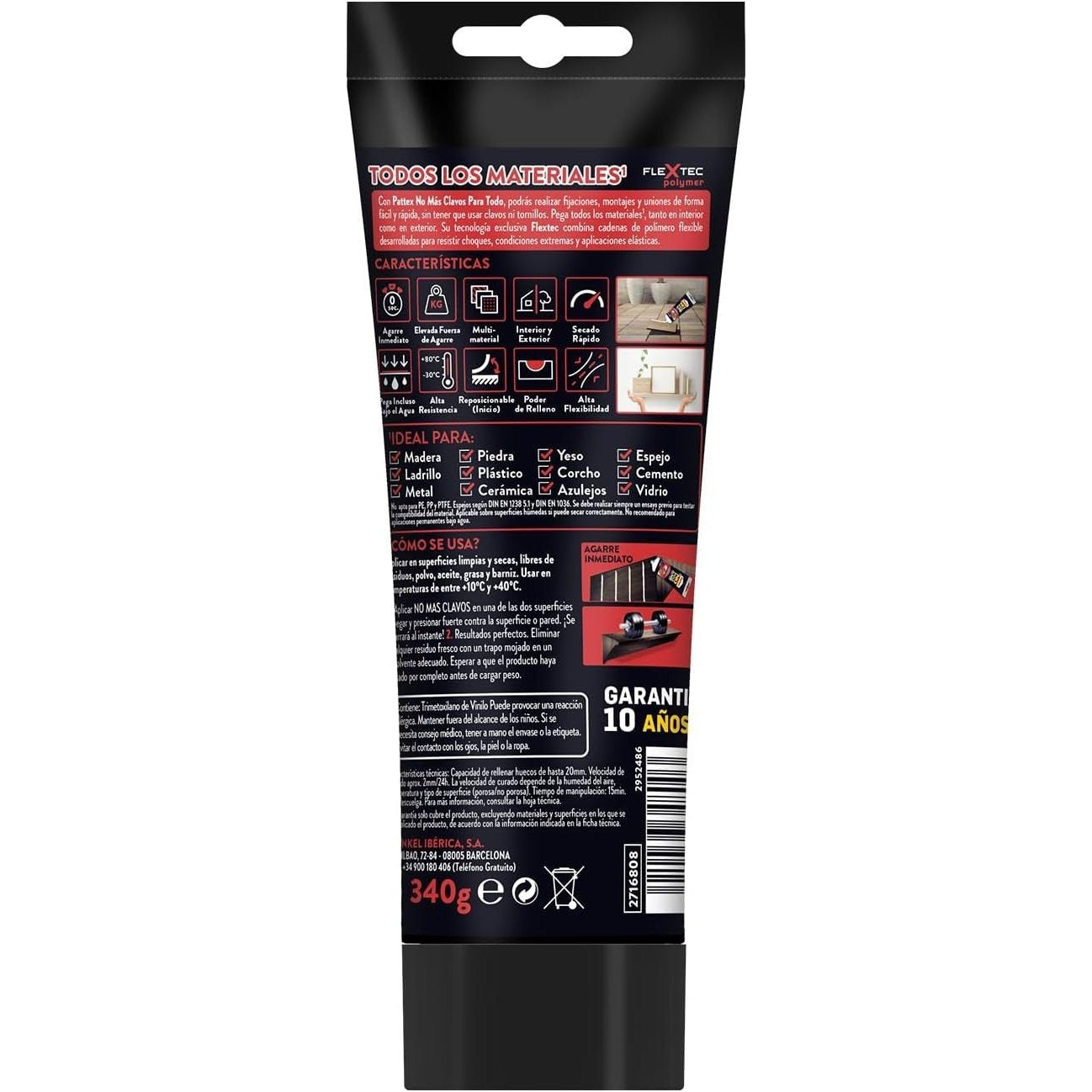 Pattex No Más Clavos Para Todo HighTack, Pegamento de Montaje Resistente a Temperaturas Extremas, Pegamento Fuerte en Superficies Húmedas, Adhesivo Blanco, 340g