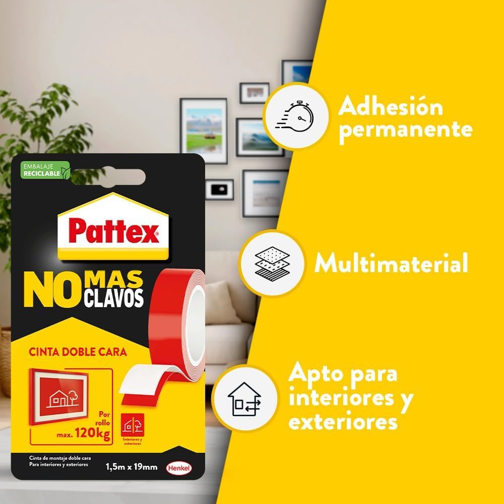 Pattex No Más Clavos Cinta Adhesiva Doble Cara Permanente, Cinta de Doble Cara Extrafuerte, Adhesivo de Montaje para Interior y Exterior, 19mm x 1,5m