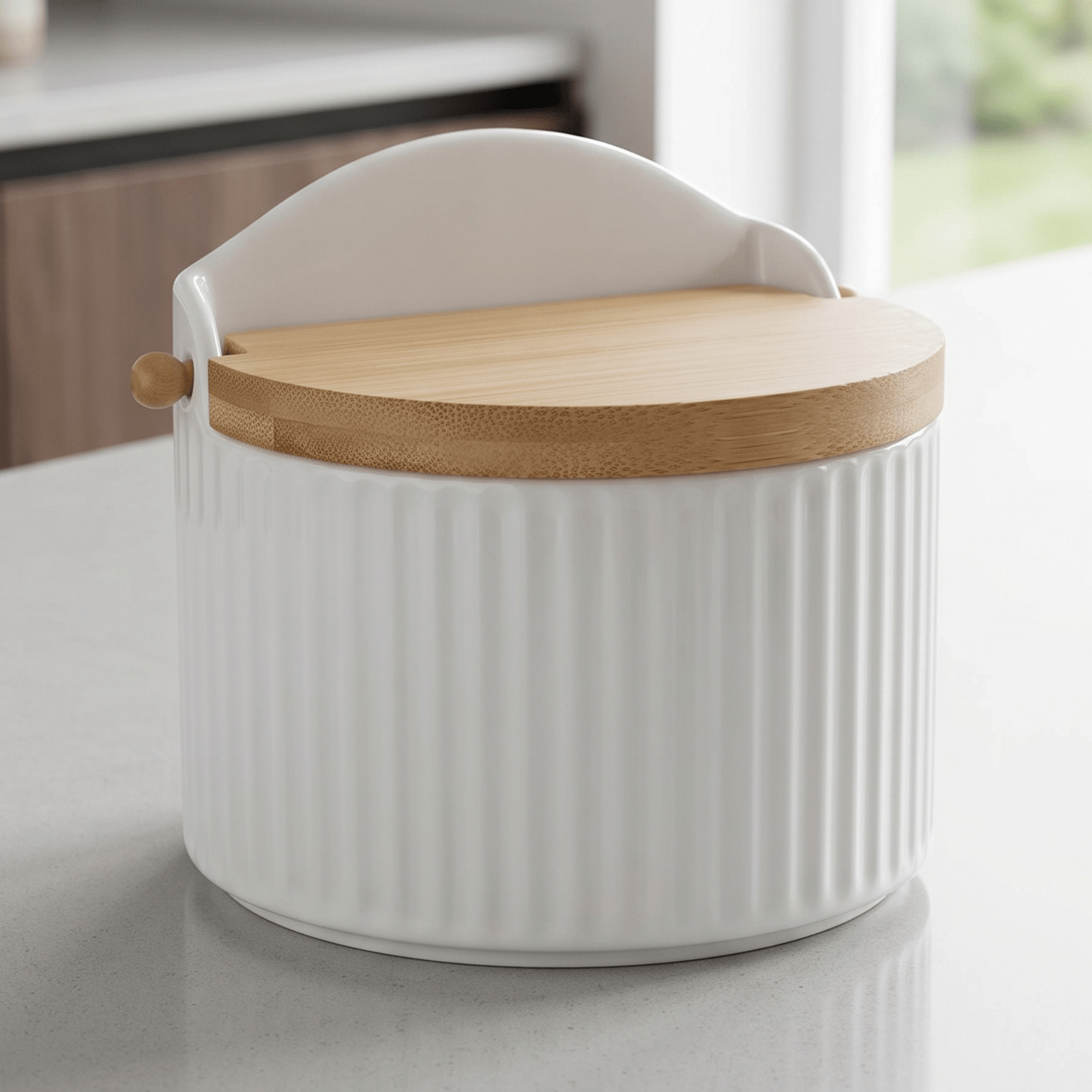 Salero Cocina con Tapa, Hecho de Porcelana y Madera, Recipiente para Especias y Aliños, Blanco, 12 x 9.5 x 11cm
