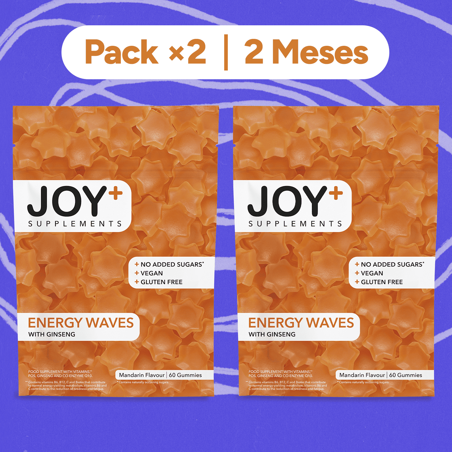 Pack x2 Gominolas de Energía Multivitamínicas con Ginseng y Coenzima Q10, Sabor Mandarina, 2 x 60 Gummies, 120 Gummies - Joy+ Supplements