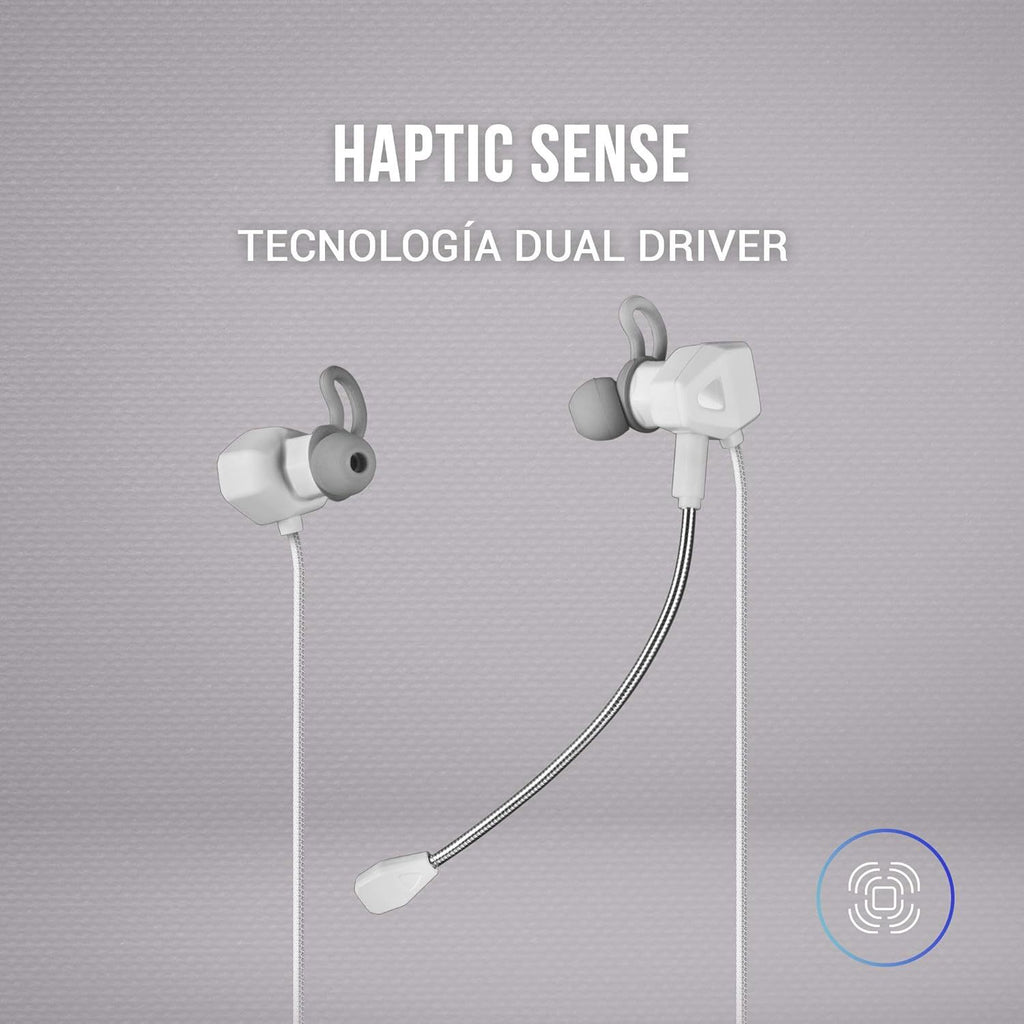 Mars Gaming MIHX, In-Ear con Dual Driver 10mm + HAPTIC Sense, Sonido Envolvente con Graves Potenciados, Micrófono Extraíble y Fijo, Control de Volumen y Mute, Compatibilidad Total, Blanco