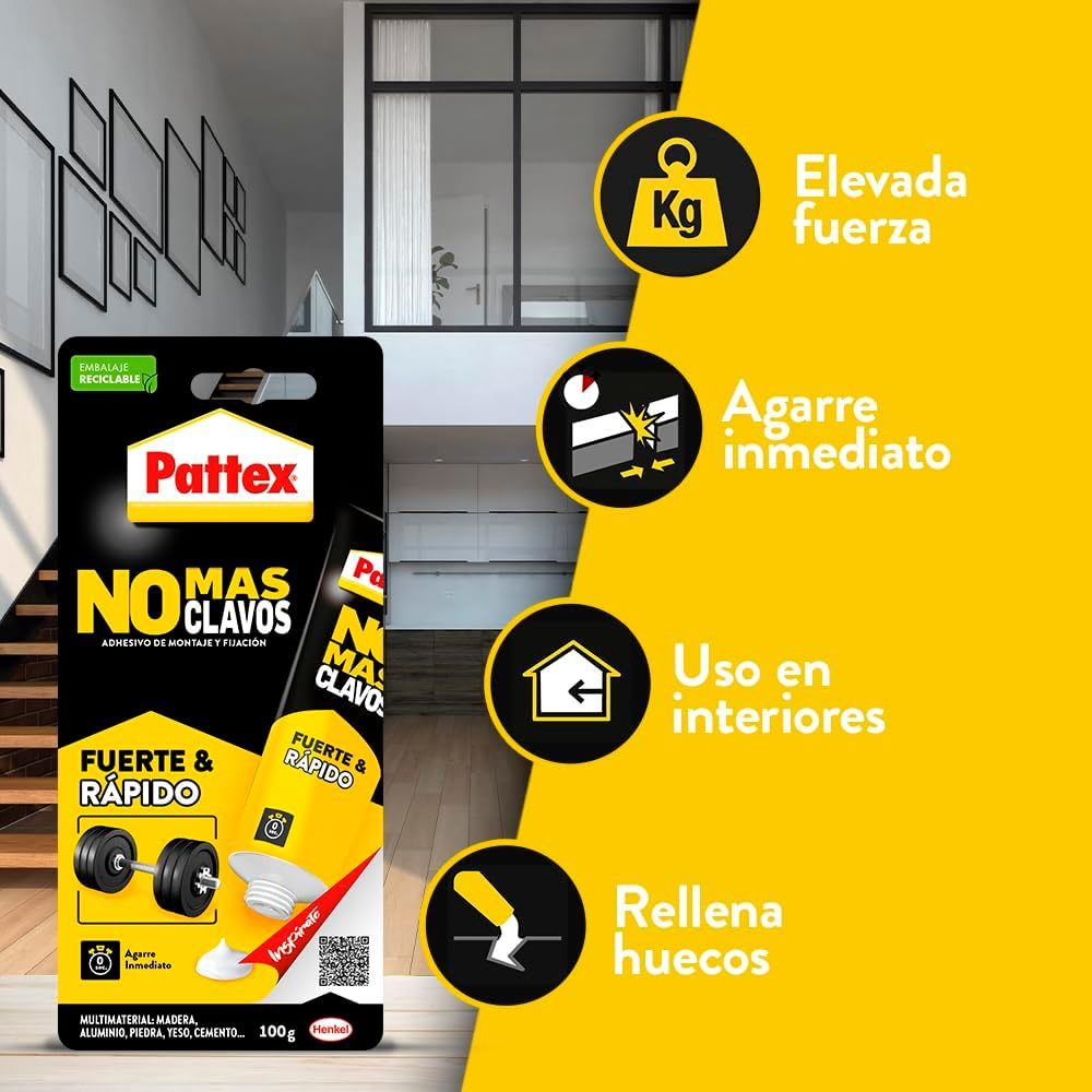 Pattex No Más Clavos Original, Pegamento de Montaje Resistente, Pegamento Extrafuerte para Madera, Metal y más, Adhesivo Blanco Instantáneo, 100g