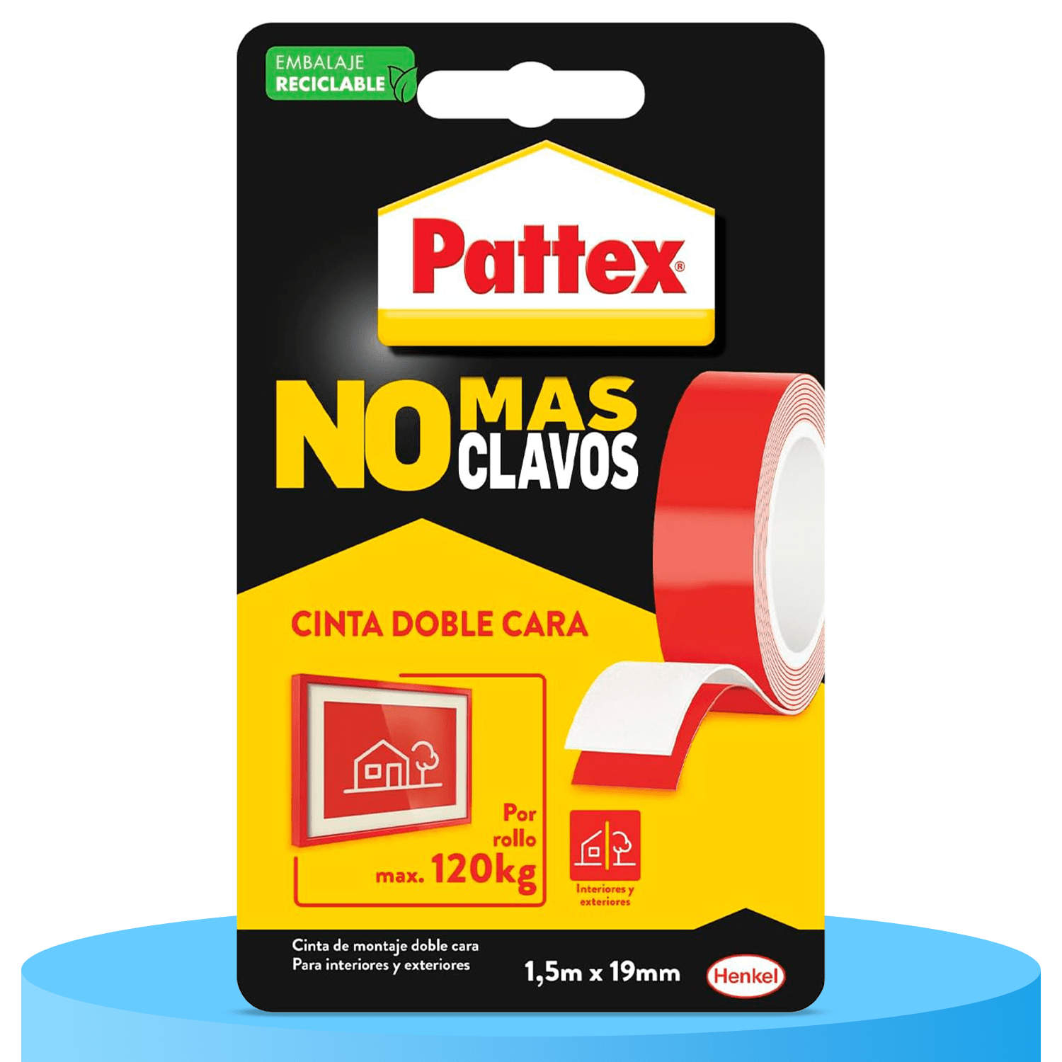 Pattex No Más Clavos Cinta Adhesiva Doble Cara Permanente, Cinta de Doble Cara Extrafuerte, Adhesivo de Montaje para Interior y Exterior, 19mm x 1,5m