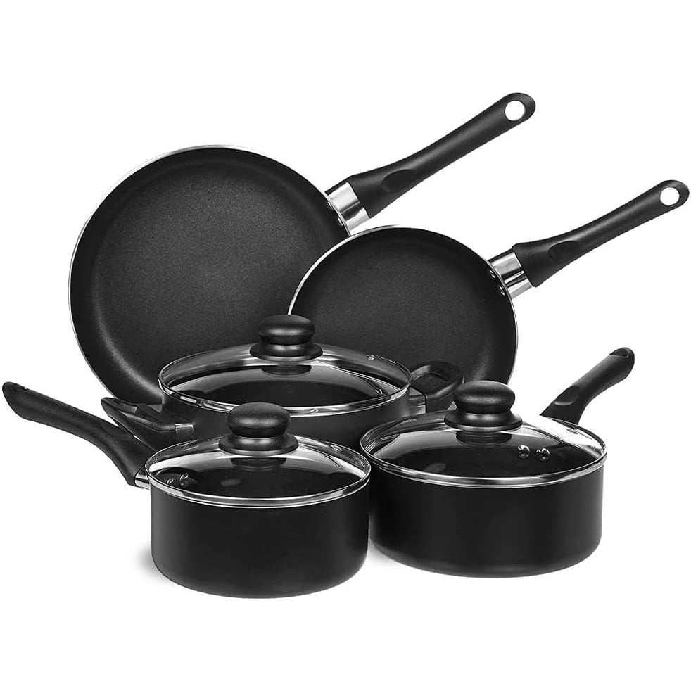 Bateria de Cocina de 8 piezas. Juego de Ollas y Sartenes Completo: 2 Sartén 2 Cazo 1 Cacerola 3 Tapas de Cristal. Aluminio con mangos de Baquelita