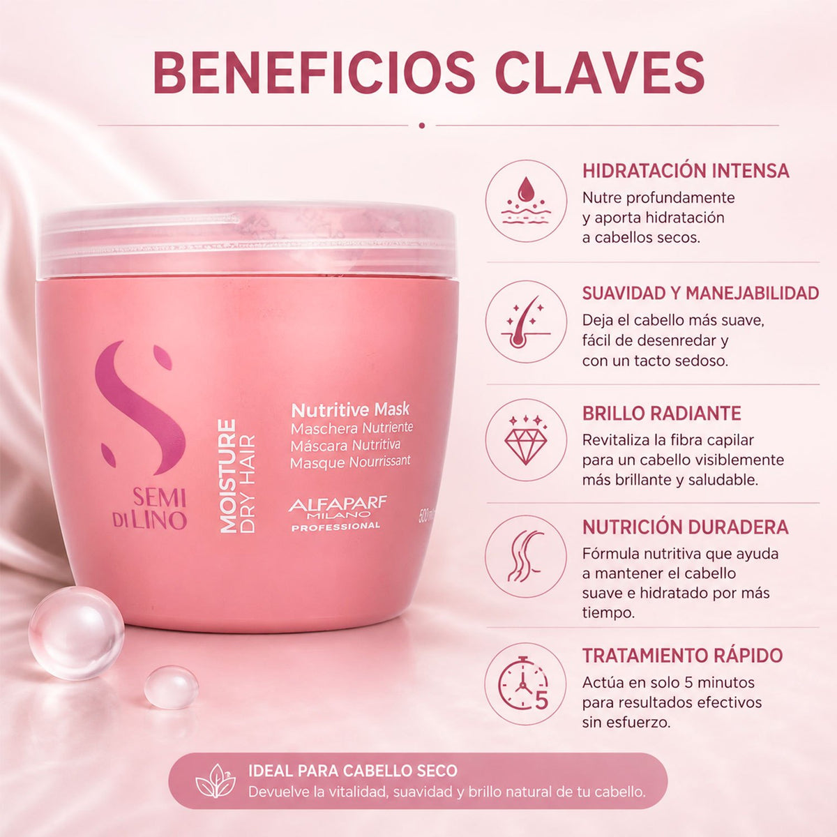 Alfaparf Milano Semi di Lino, Mascarilla Capilar Nutritiva e Hidratante para Cabello Seco, 500 ml