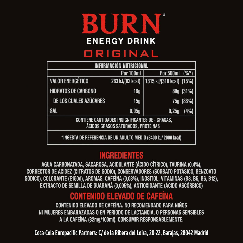 BURN Bebida Energética, Refresco Energético con Taurina, Guaraná y Vitaminas B6 y B12, Pack 12/24 Latas de 500ml