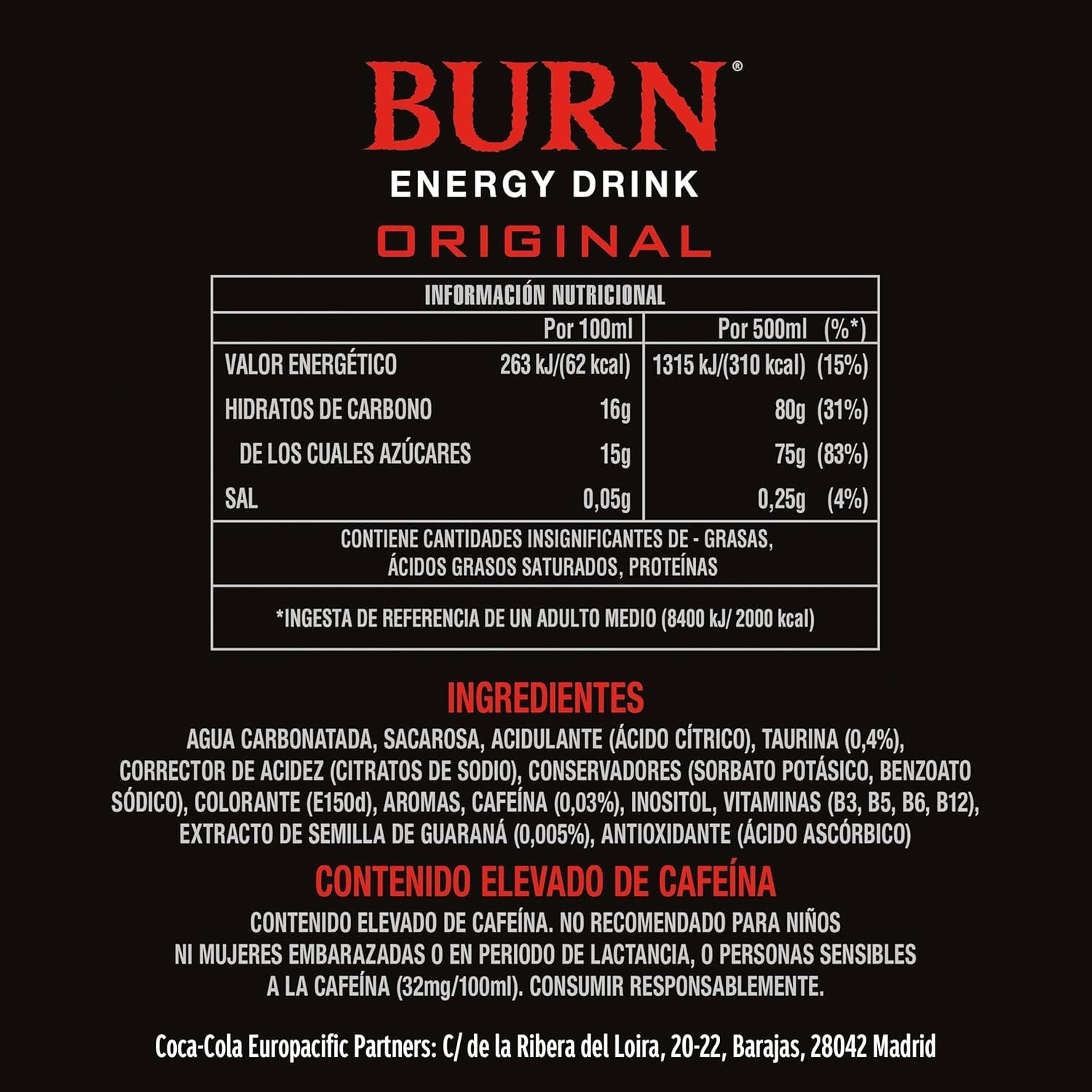 BURN Bebida Energética, Refresco Energético con Taurina, Guaraná y Vitaminas B6 y B12, Pack 12/24 Latas de 500ml