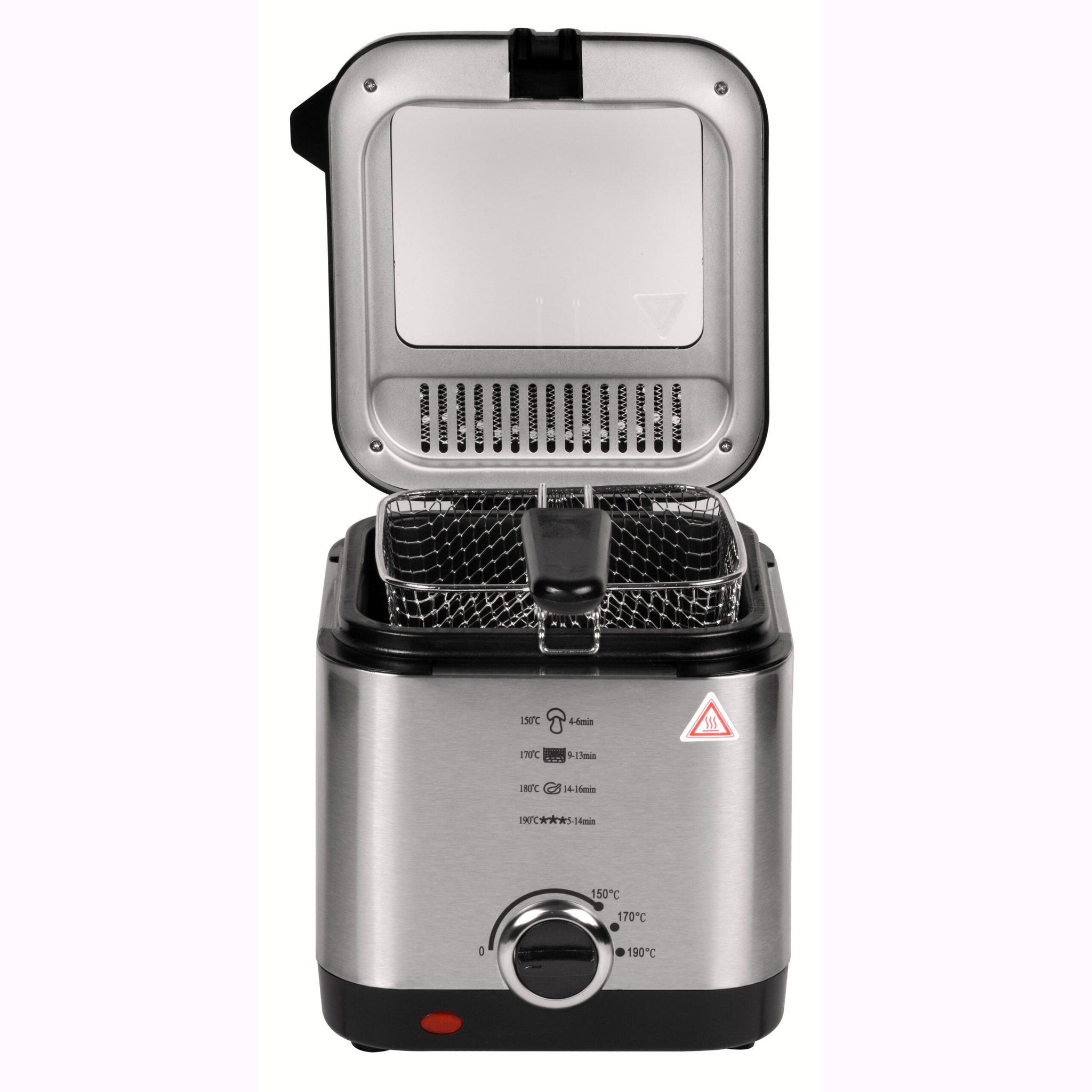 Freidora de Aceite, Freidora Eléctrica con 1,5 Litros de Capacidad, Tapadera Extraíble con Ventana, Facil Limpieza, Selector de Temperatura: 150ºC-190ºC, Carcasa de Acero Inoxidable, Contenedor de Aceite con Revestimiento Antiadherente, Tamaño Compacto