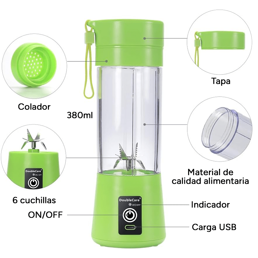 Licuadora Portatil Zumos y Batidos, Batidora para Frutas y Verduras, 6 Cuchillas de Acero, Vaso de 380ml de Capacidad, Ideal para Llevar, Cable de Carga USB, Batería de 800 mAh, 22000 RPM