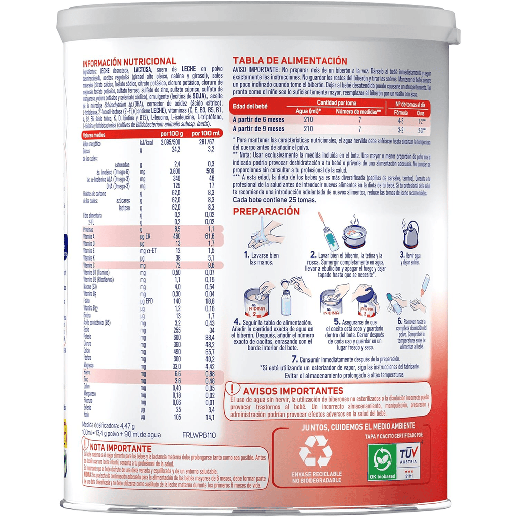 Nestlé NIDINA 2 Leche en Polvo Bebé, Leche de Continuación indicada para Bebés desde los 6 Meses, Contiene Bífidus Lactis, DHA, Hierro, Zinc y Vitaminas A, C y D, 800g por Bote