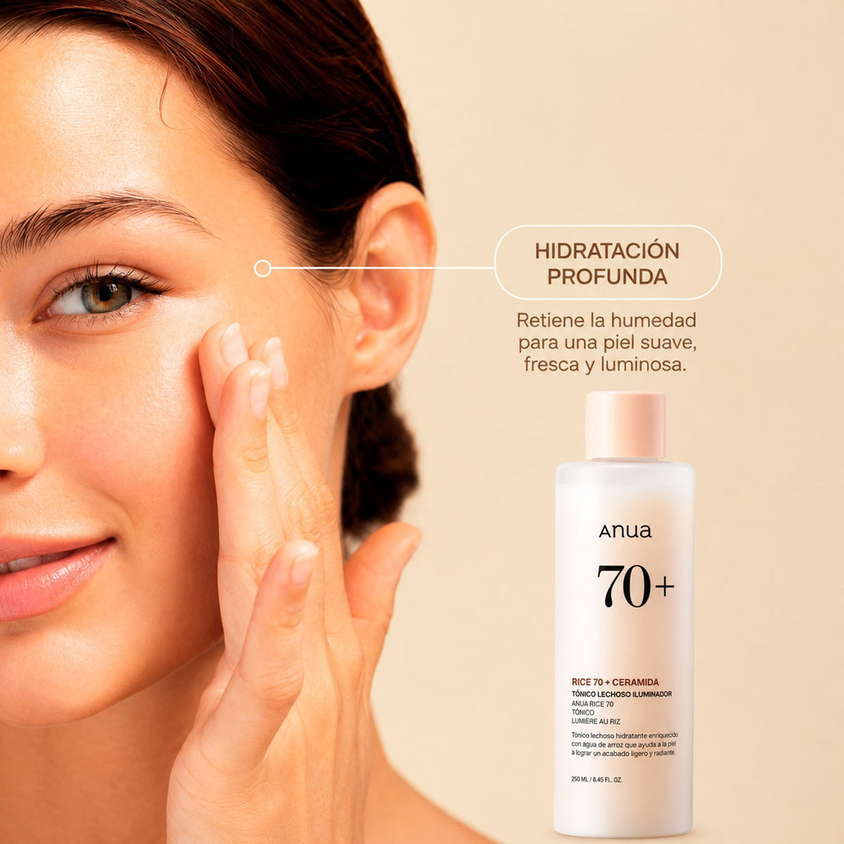 Anua Rice 70, Tónico Facial Coreano para Hidratar e Iluminar la Piel con Extracto de Arroz y Ceramidas, Cuidado Diario de la Piel, 250 ml