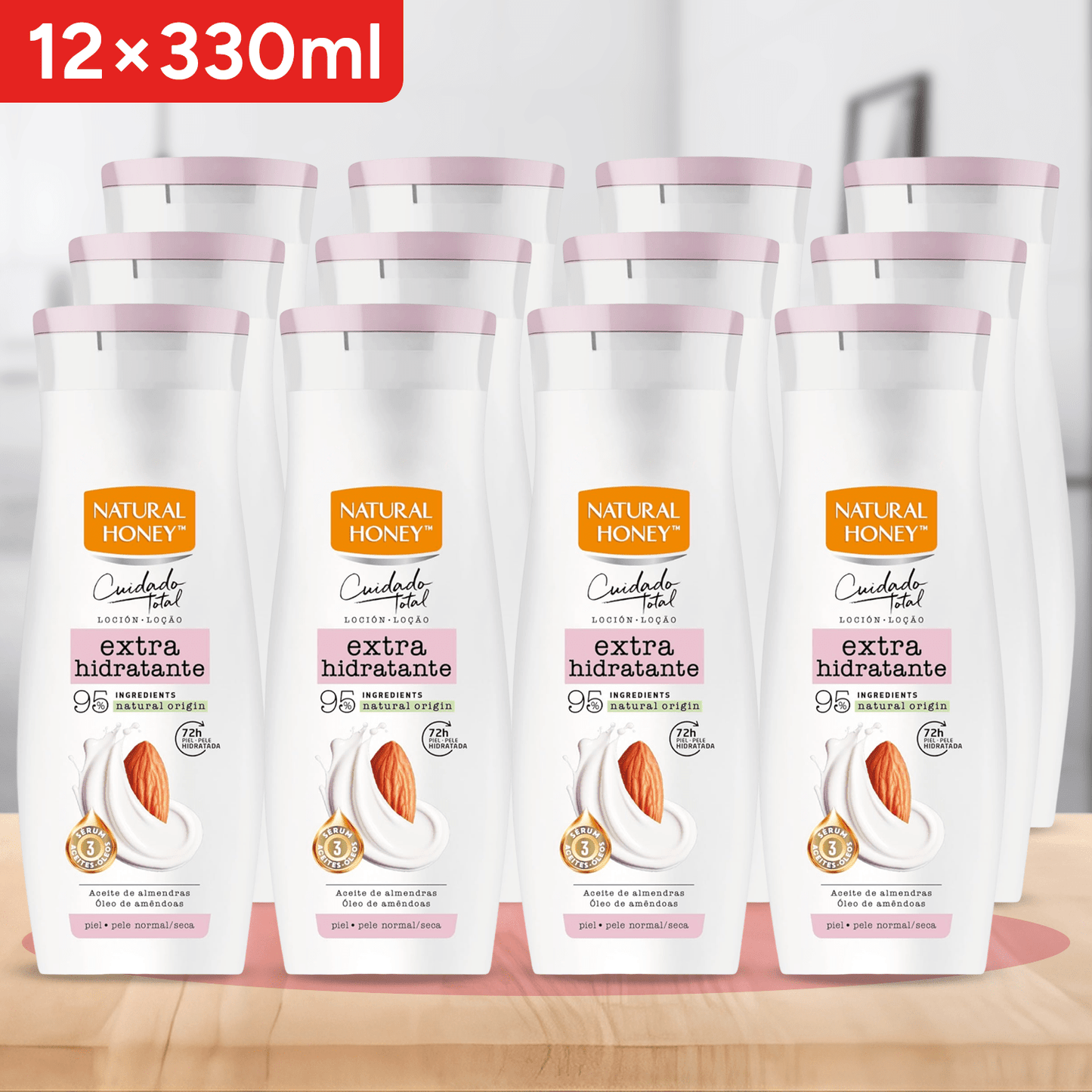 Natural Honey, Loción Corporal Aceite de Almendra Dulce Extra Hidratante, 72H de Hidratación Profunda, Fórmula Suave con Aceites Naturales, Piel Extra Suave y Luminosa, Línea Cuidado Total, 330 ml por Botella