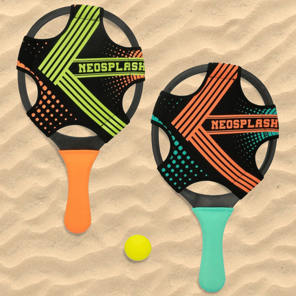 Set 2 Palas de Playa y Pelota, 2 Palas de Playa de Neopreno, Incluye Pelota de PVC y Red de Transporte, Raquetas con Agarre Cómodo ideales para Playa y Deportes al Aire Libre