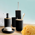 Set de Baño Completo, Conjunto Accesorios Baño Diseño Moderno y Elegante, Incluye Soporte para Cepillos de Dientes, Dispensador de Jabón Líquido, Vaso, Jabonera y Escobilla de Baño, Color Negro, Fabricado en Plastico Resistente y Bambú