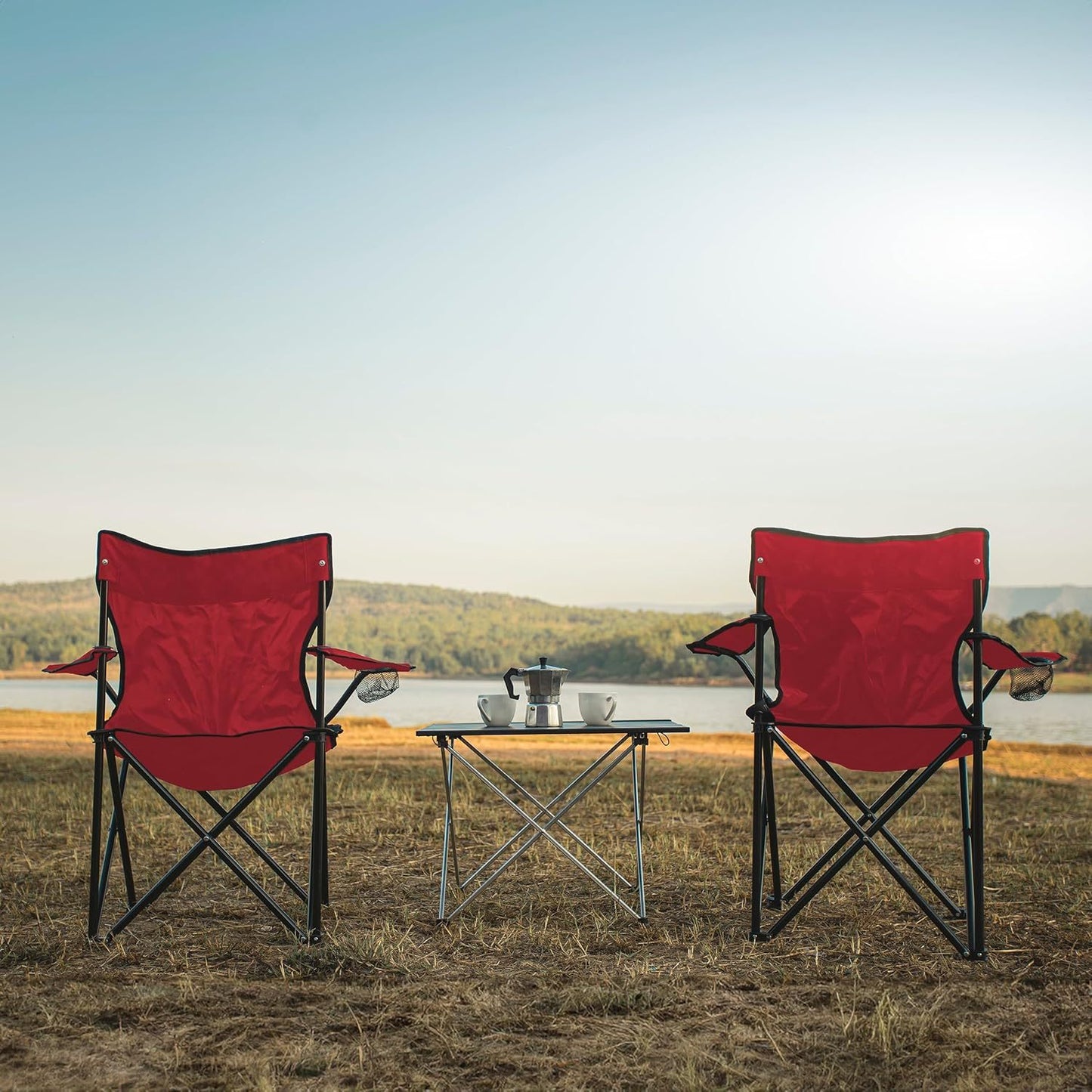 Pack x2 Sillas Plegables Camping con Respaldo y Apoyabrazos para Exterior, Acampada, Pescar y Picnic de 50 x 50 x 80 cm, Resistente y Compacta, Soporta hasta 120kg, Rojo
